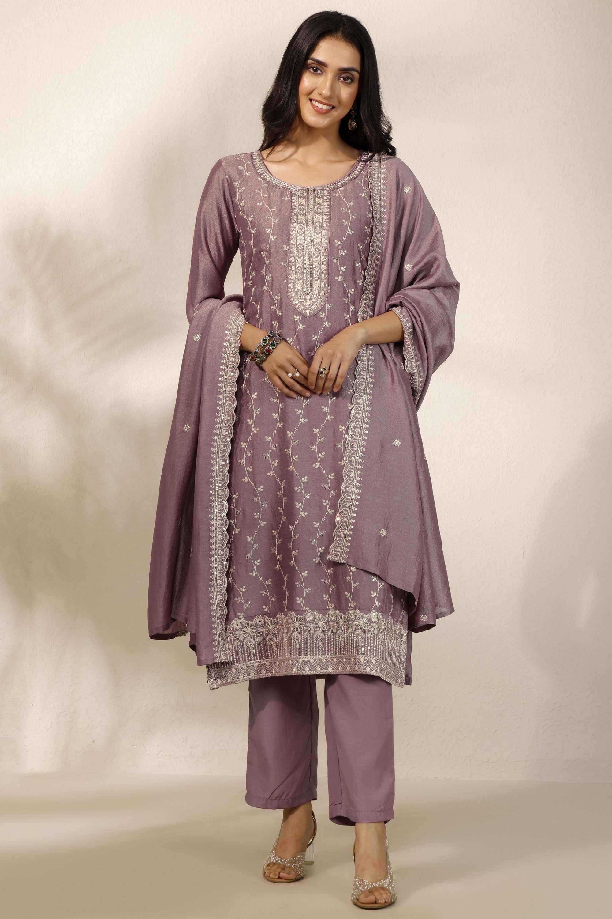 Embroidered-Round-Neck-Blended-Fabric-Women-Kurta-with-Pant-and-Dupatta