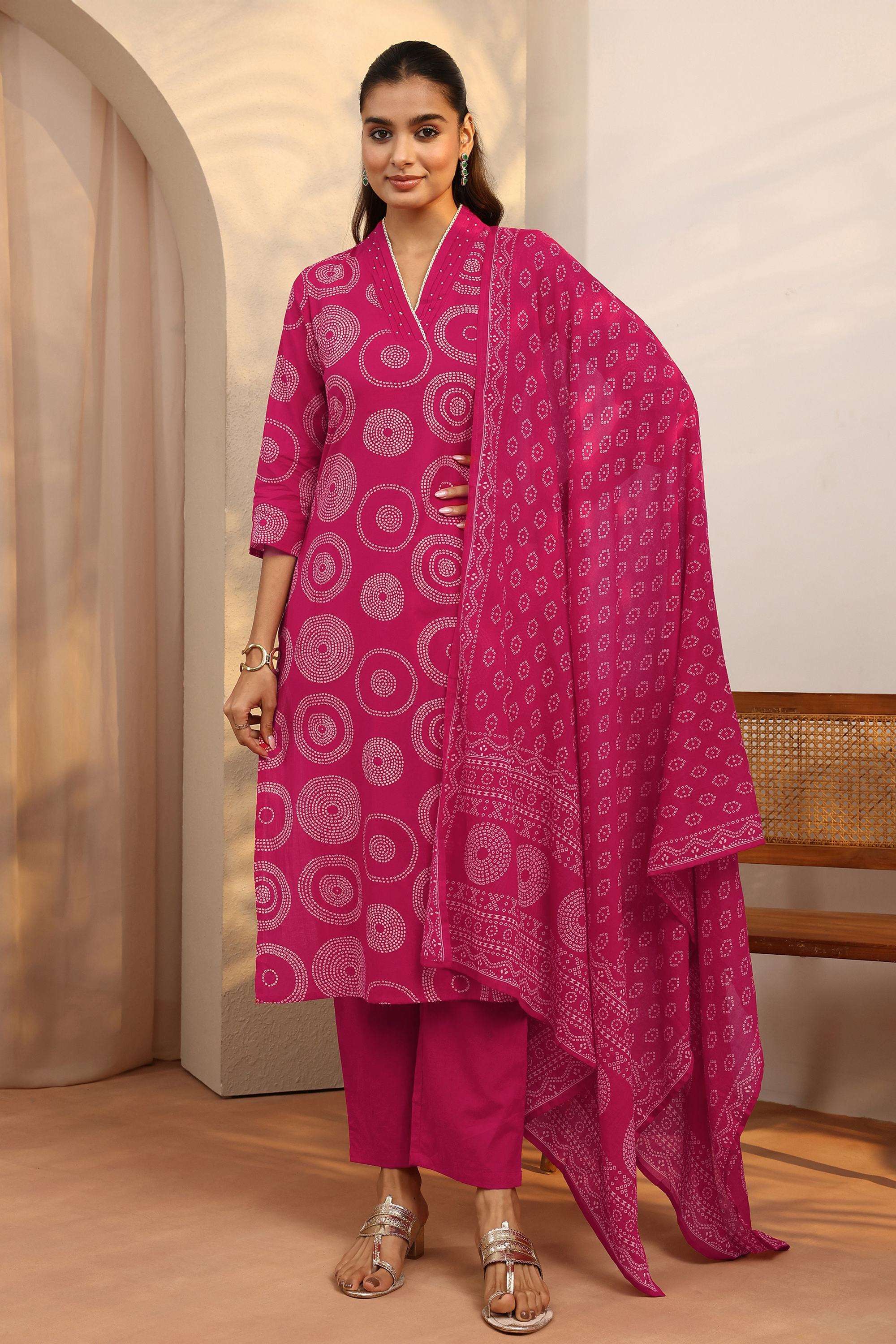 Printed-Cotton-V-Neck-Women-Festive-Wear-Kurta-with-Pant-and-Dupatta