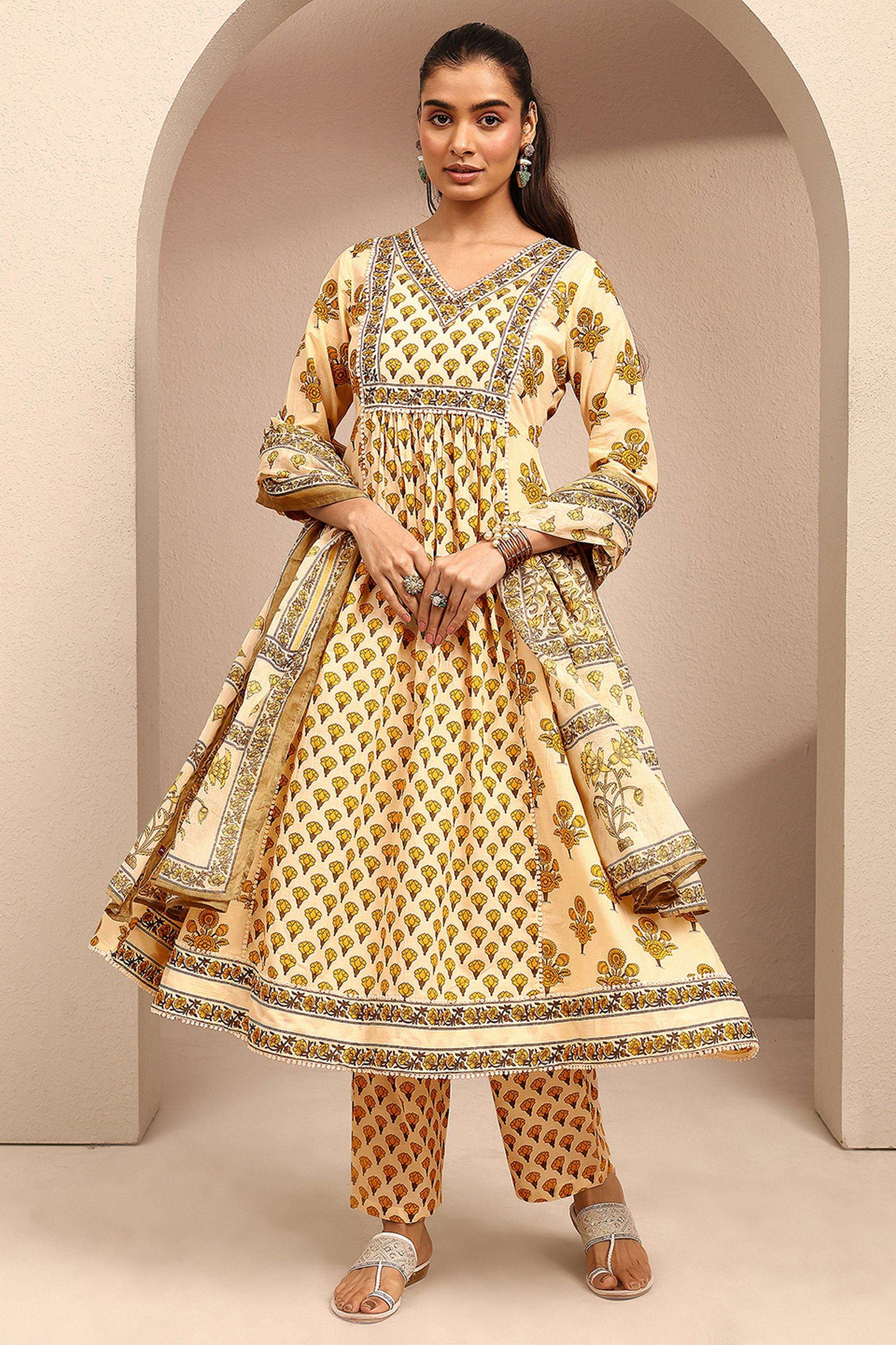 Floral-V-Neck-Cotton-Women-Festive-Wear-Kurta-with-Pant-and-Dupatta