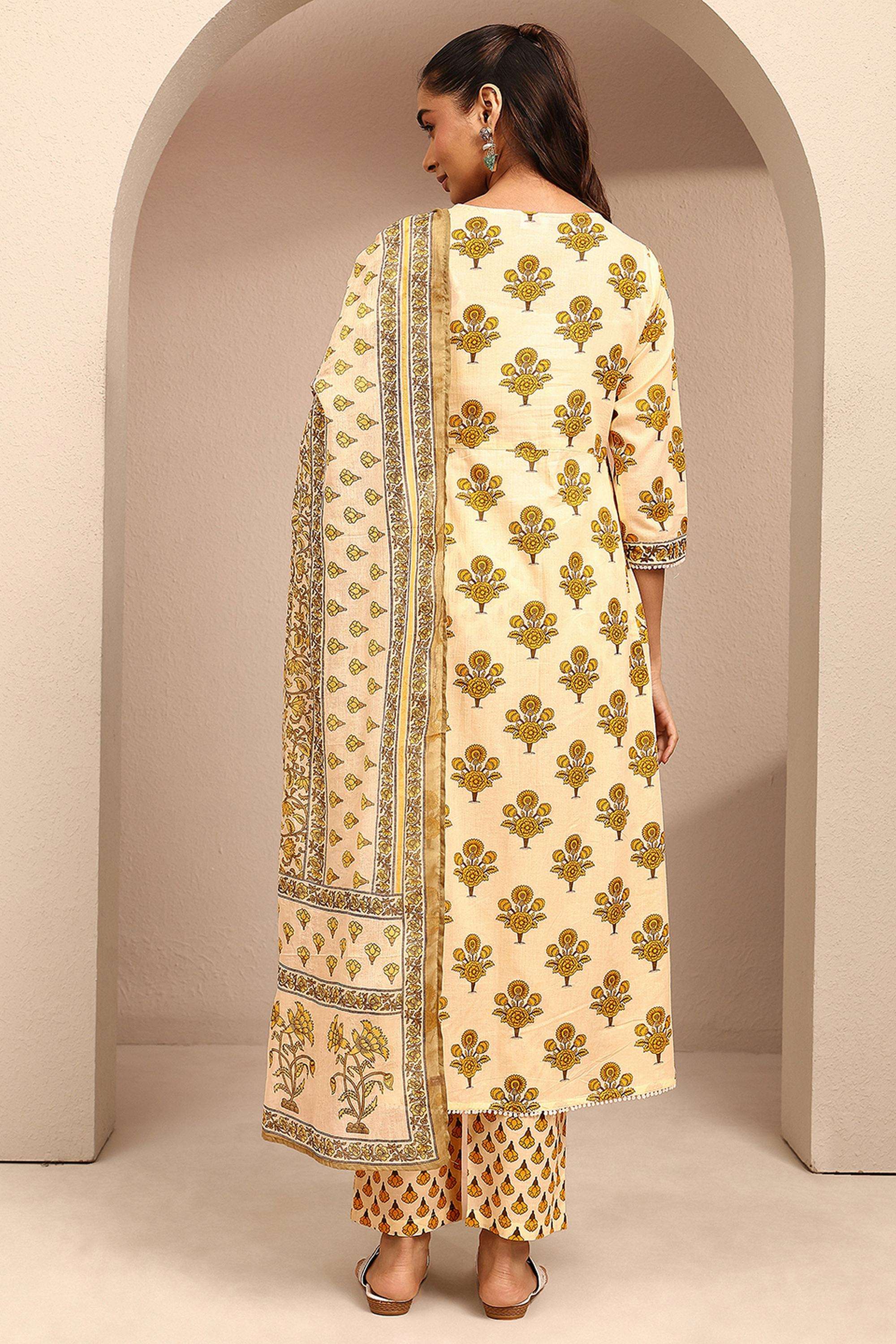 Floral-V-Neck-Cotton-Women-Festive-Wear-Kurta-with-Pant-and-Dupatta