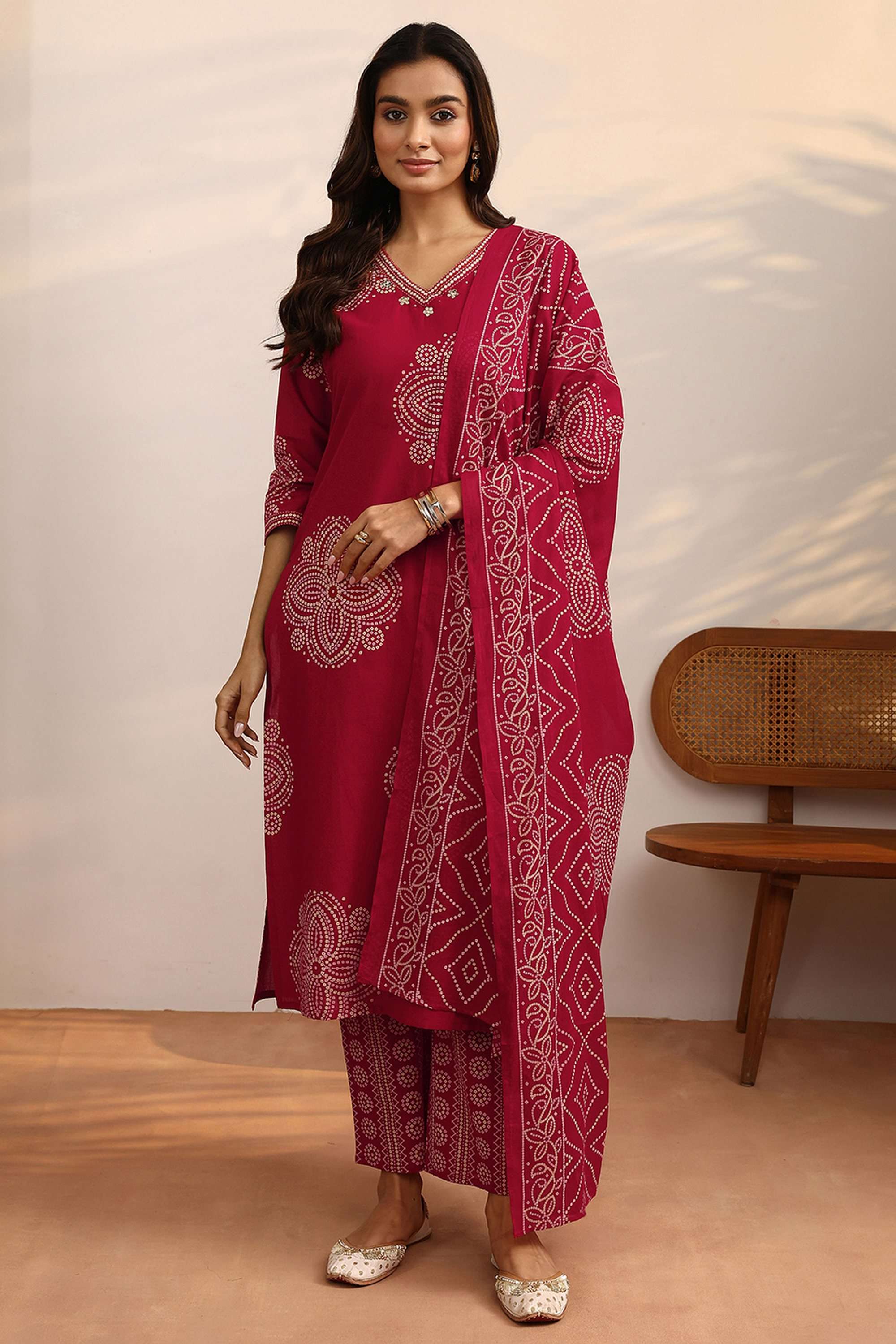 Printed-V-Neck-Cotton-Women-Kurta-with-Pant-and-Dupatta