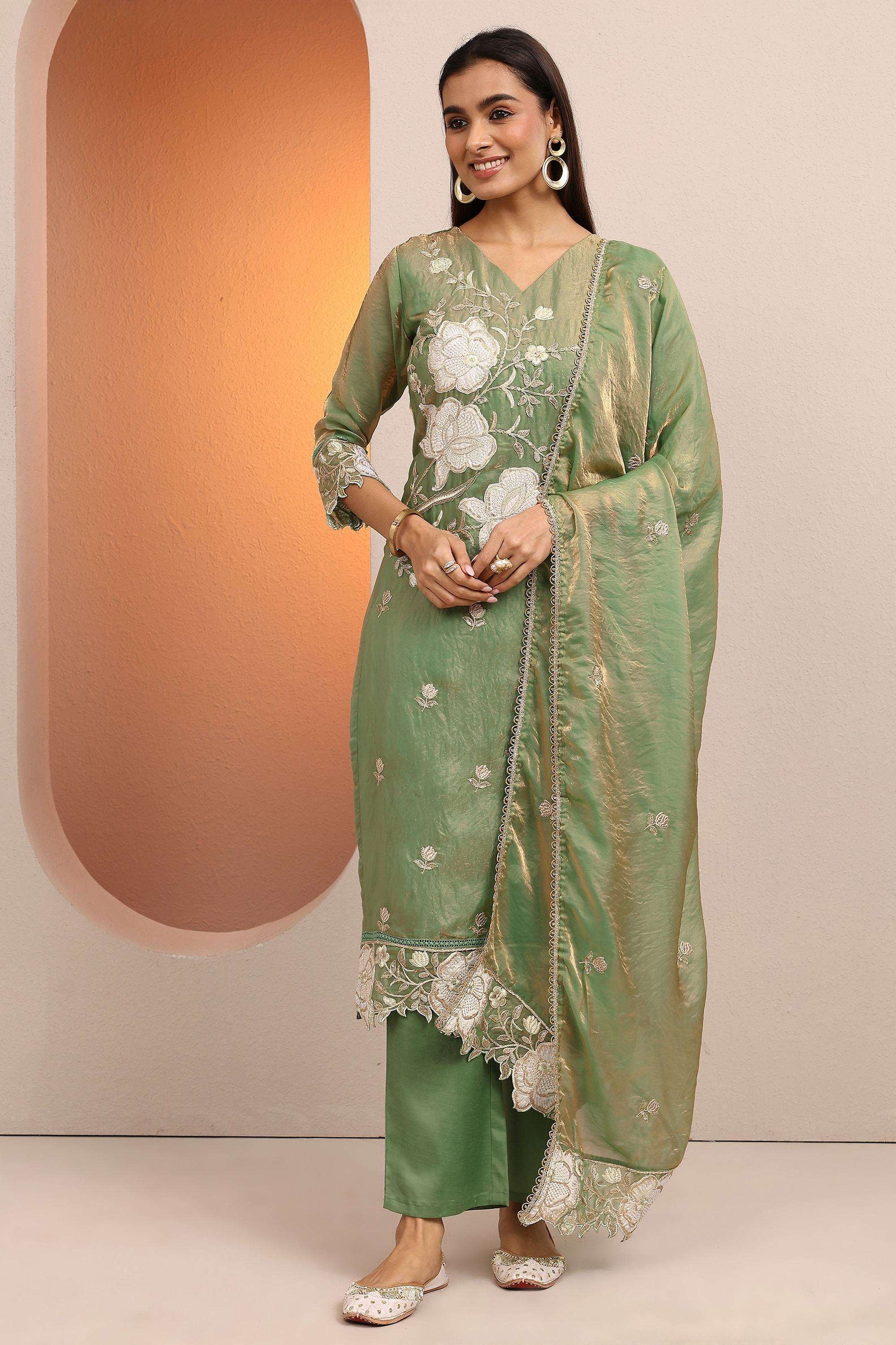 Embroidered-Organza-V-Neck-Women-Kurta-with-Pant-and-Dupatta