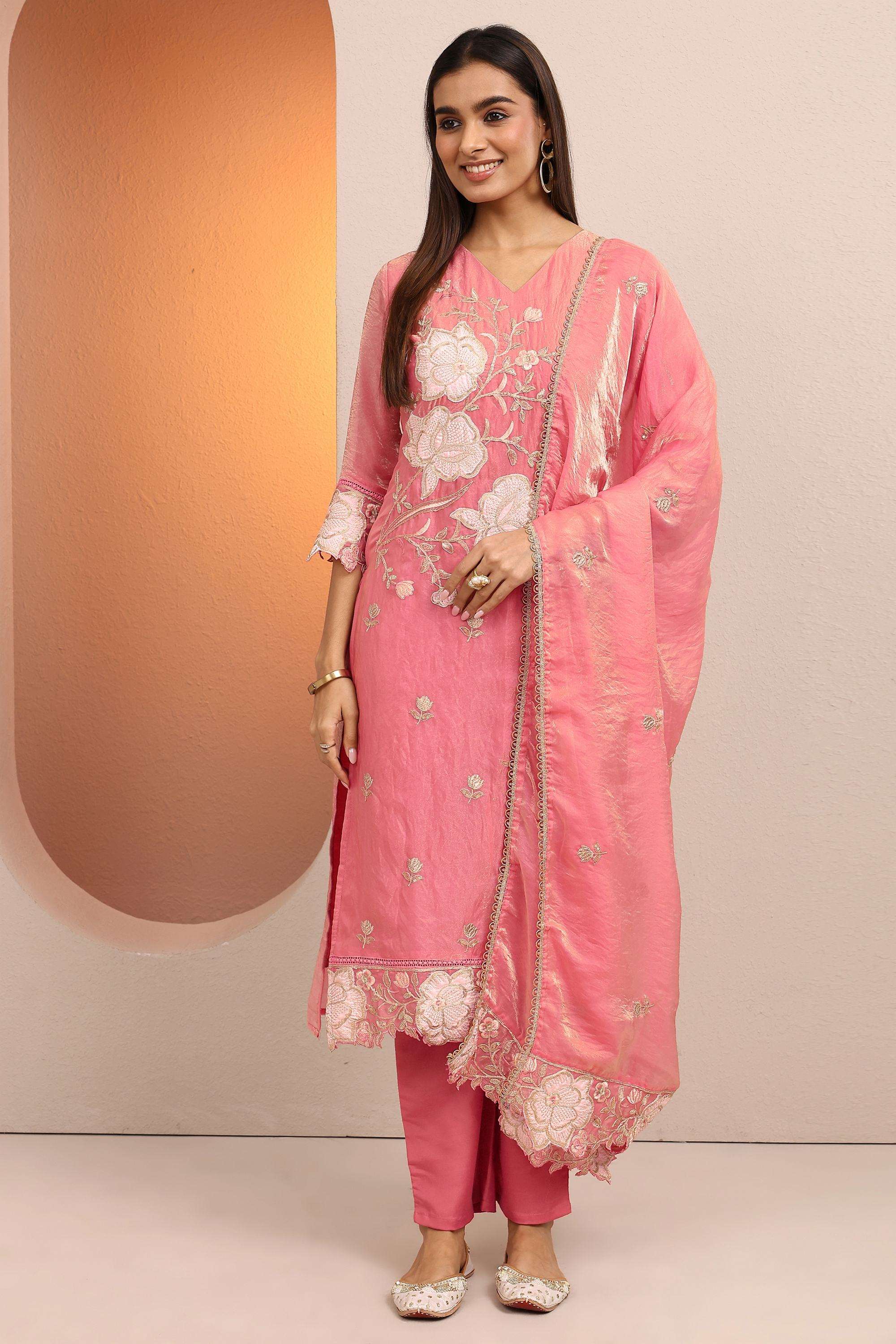 Embroidered-Organza-V-Neck-Women-Kurta-with-Pant-and-Dupatta