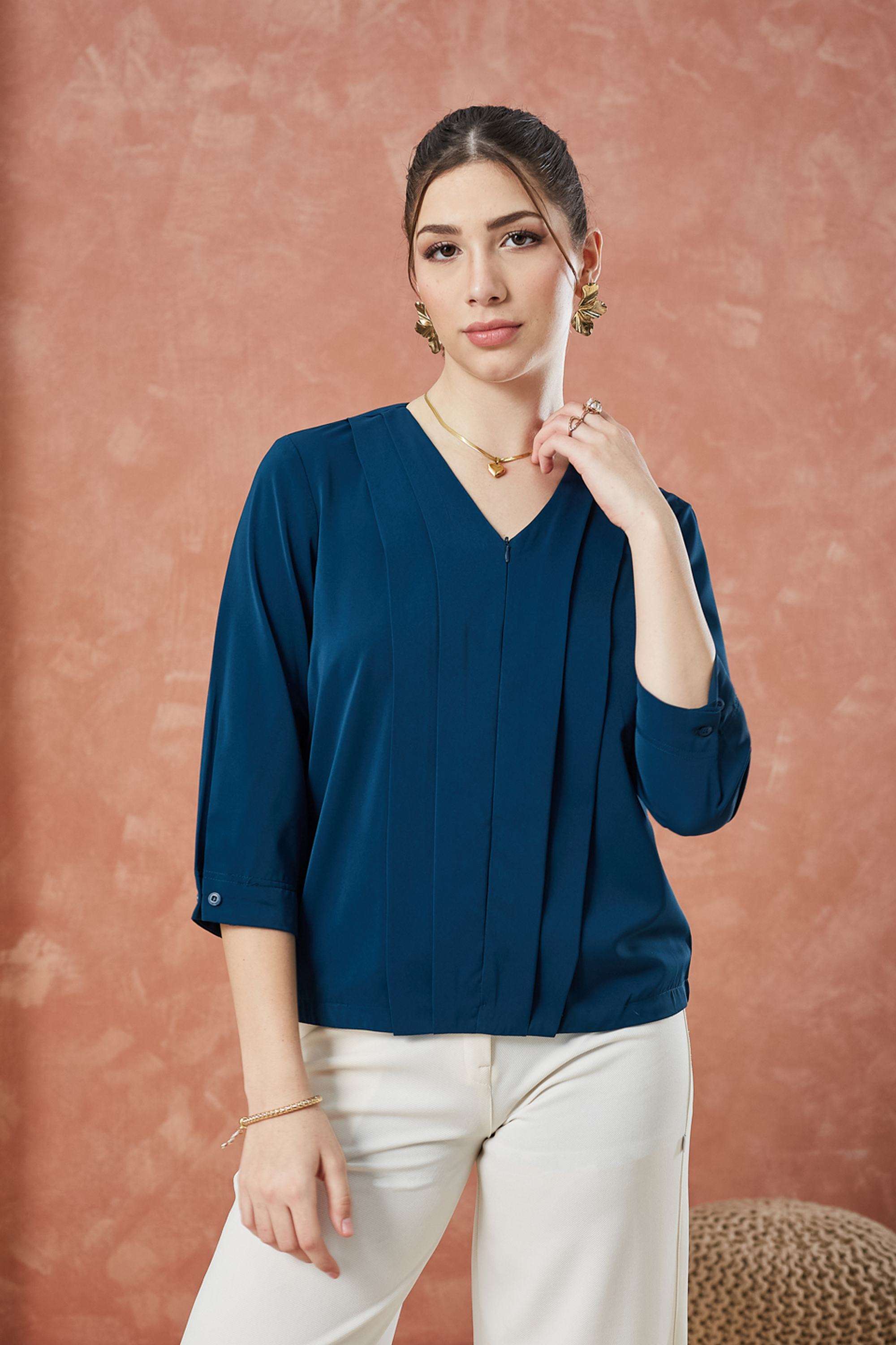 Solid-Polyester-V-Neck-Women-s-Top