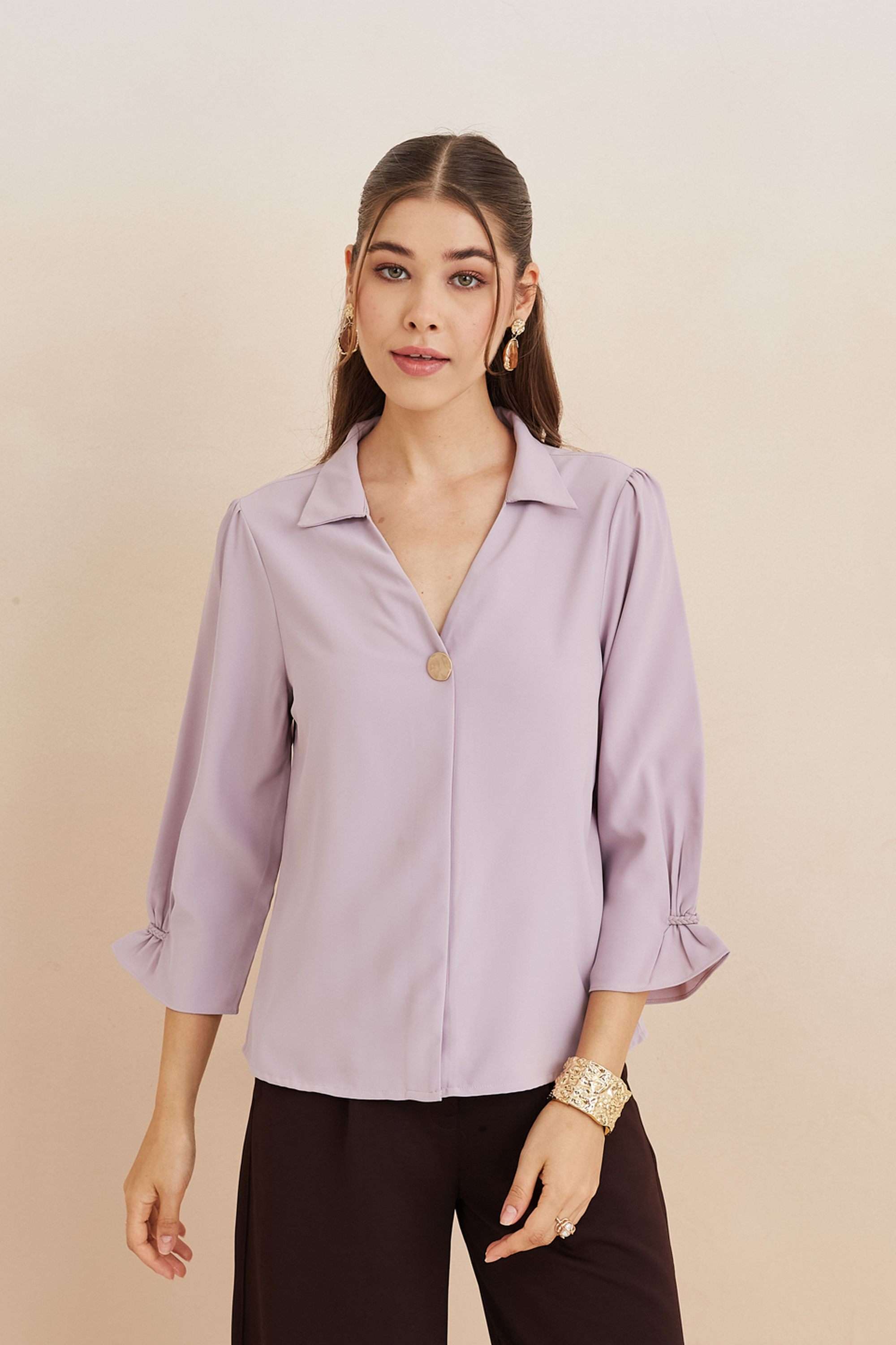 latin quarters Solid Polyester Collared Women's Top-picture-26