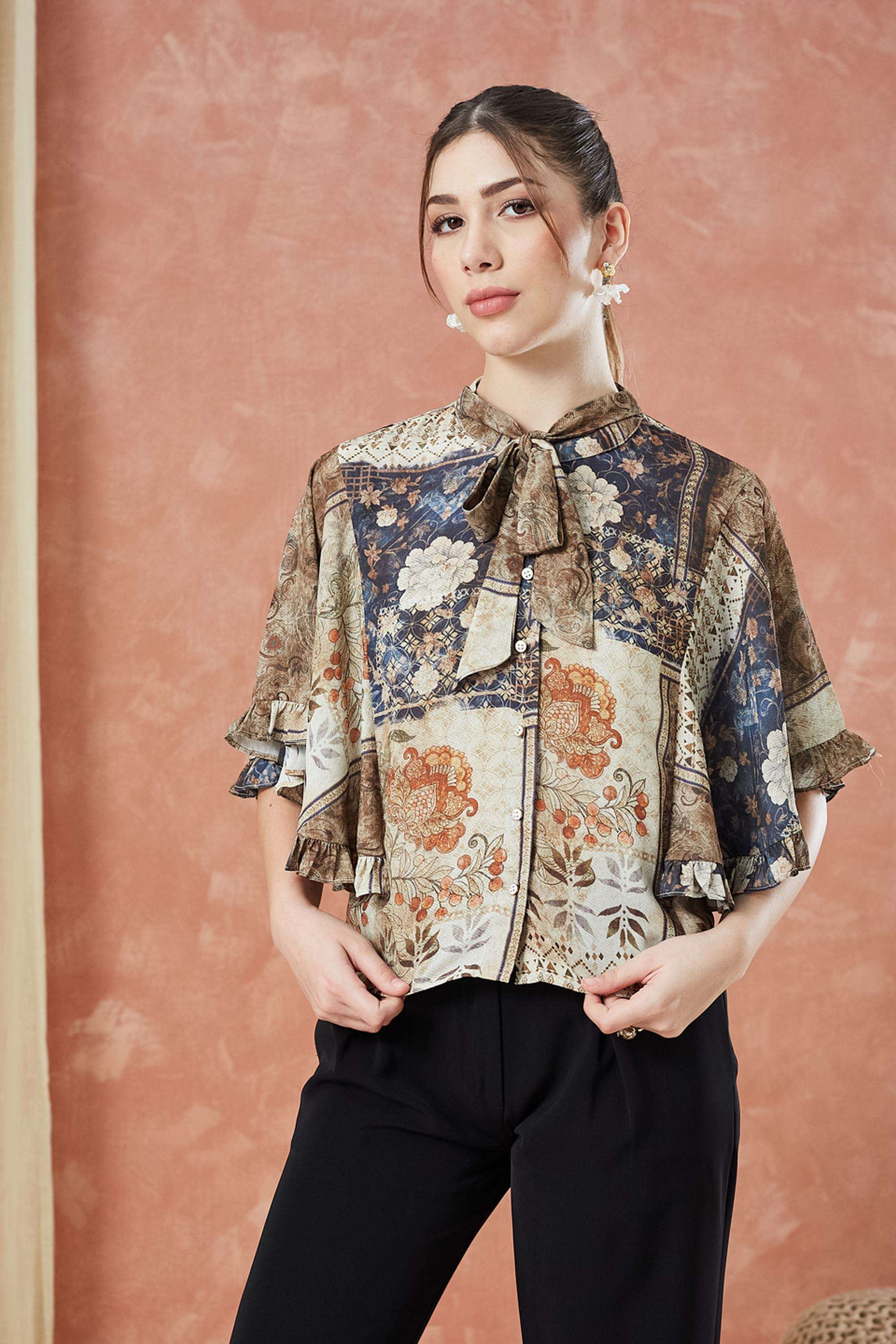 Printed-Polyester-Tie-Up-Neck-Women-s-Top