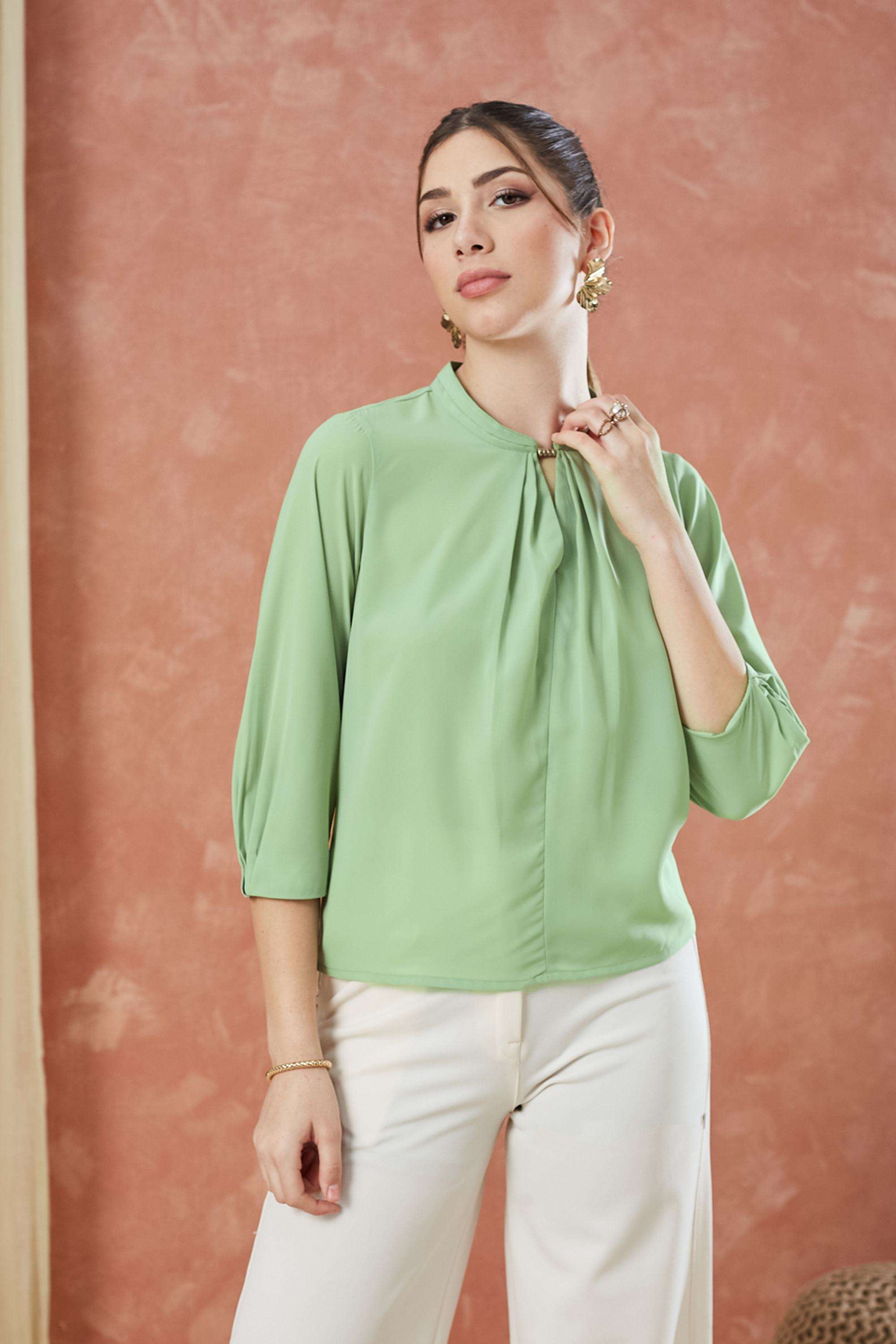 Solid-Polyester-Collared-Women-s-Top