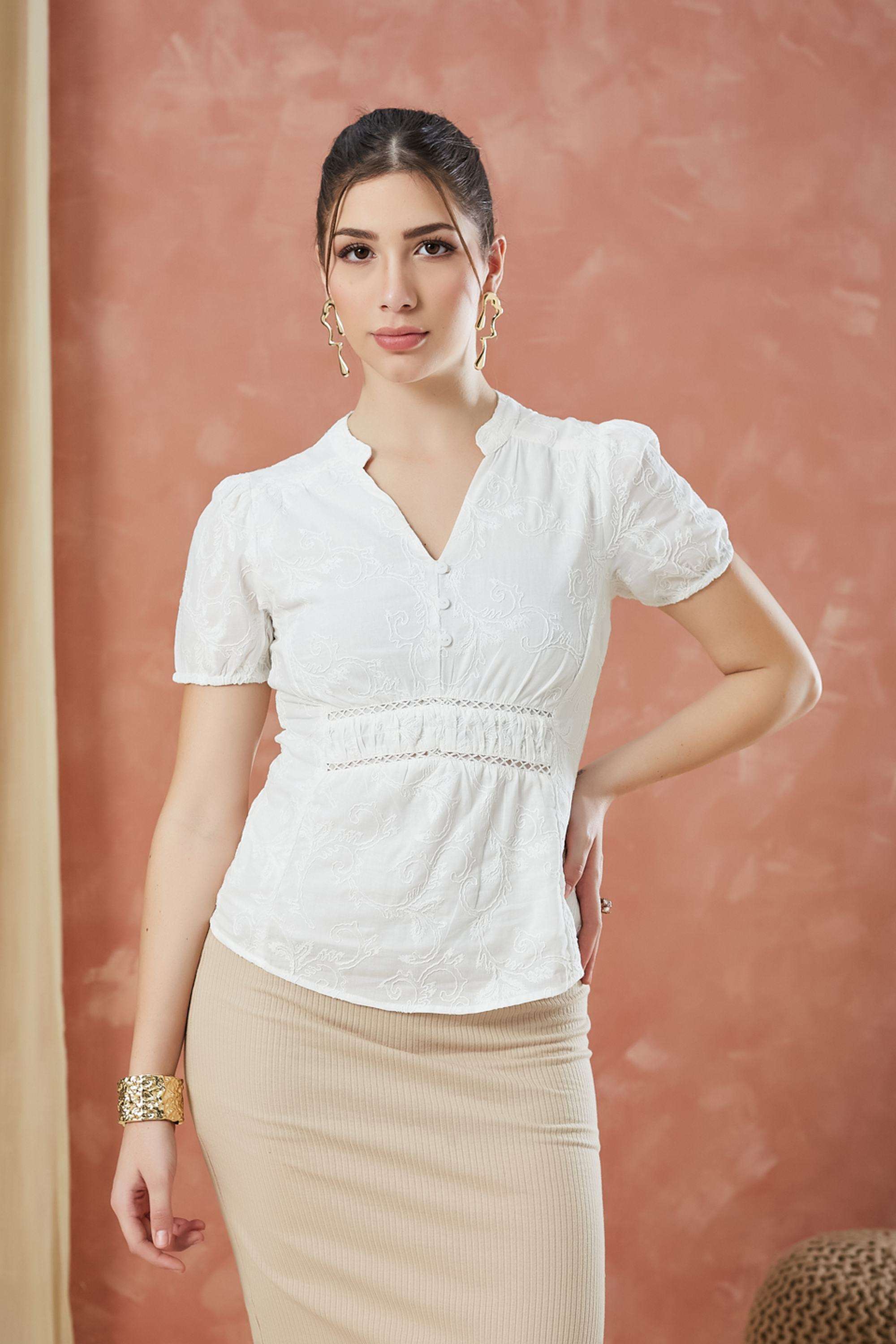 Embroidered-Cotton-V-Neck-Women-s-Top