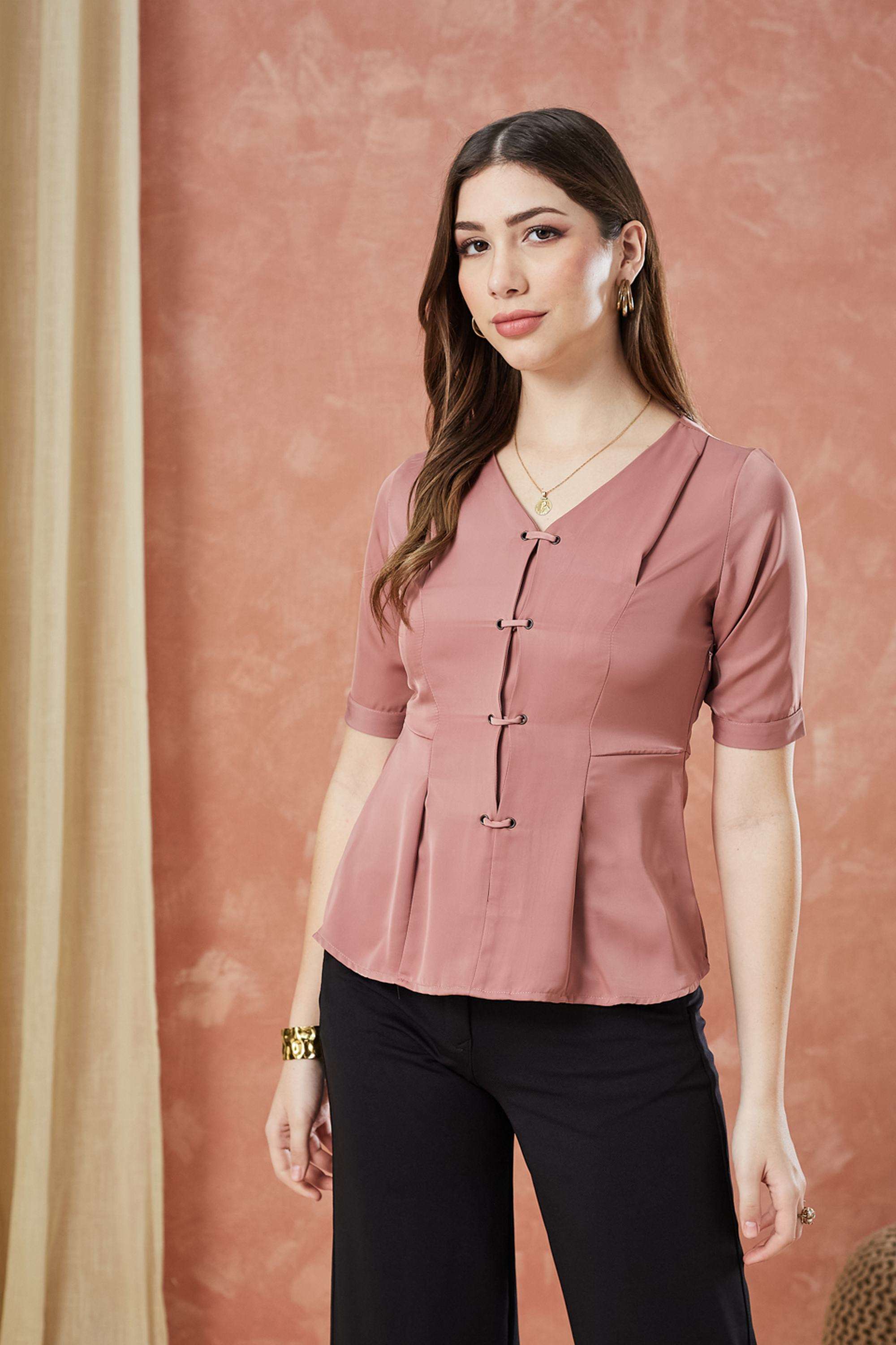 Solid-Polyester-V-Neck-Women-s-Top