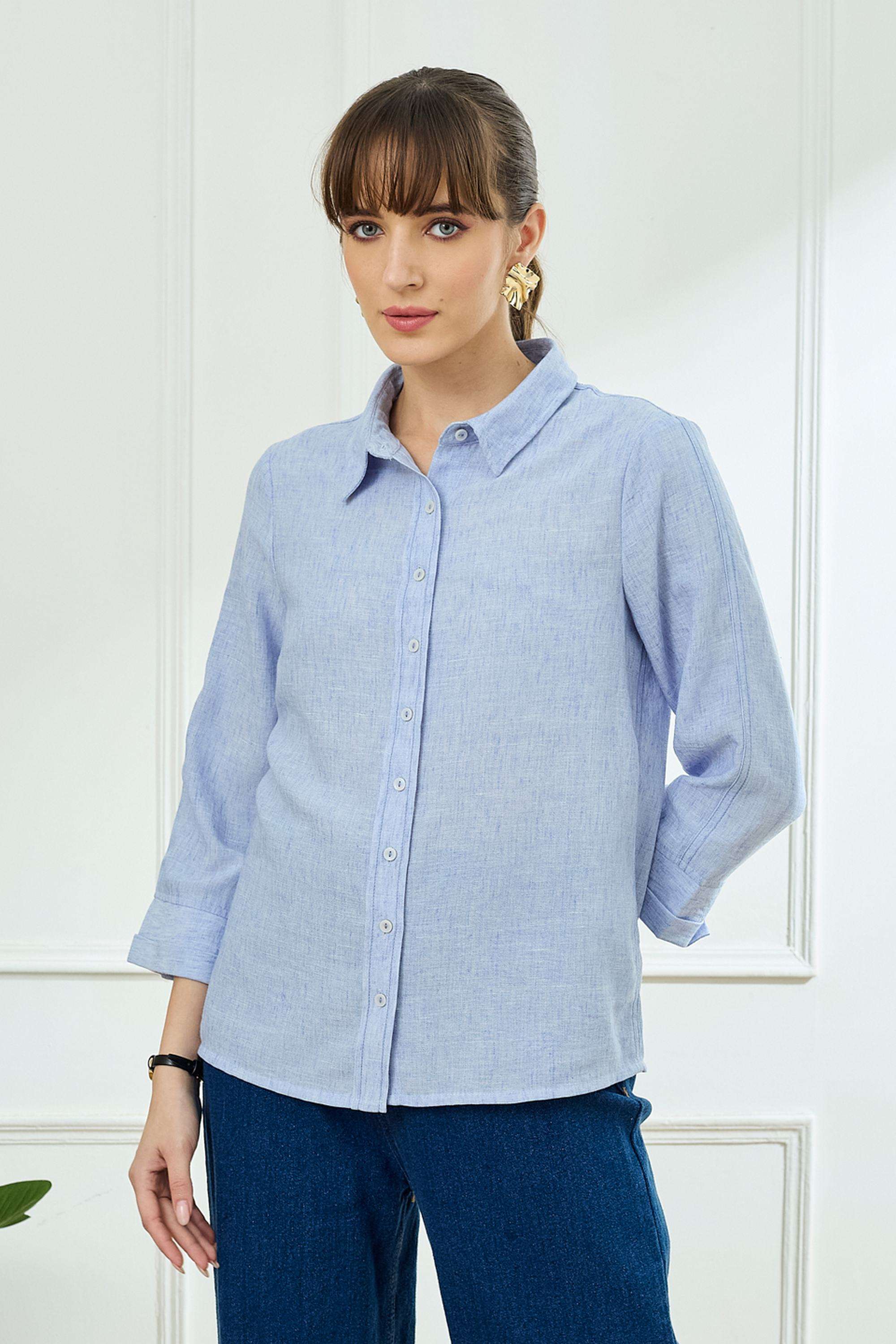 Solid-Polyester-Collared-Women-s-Shirt