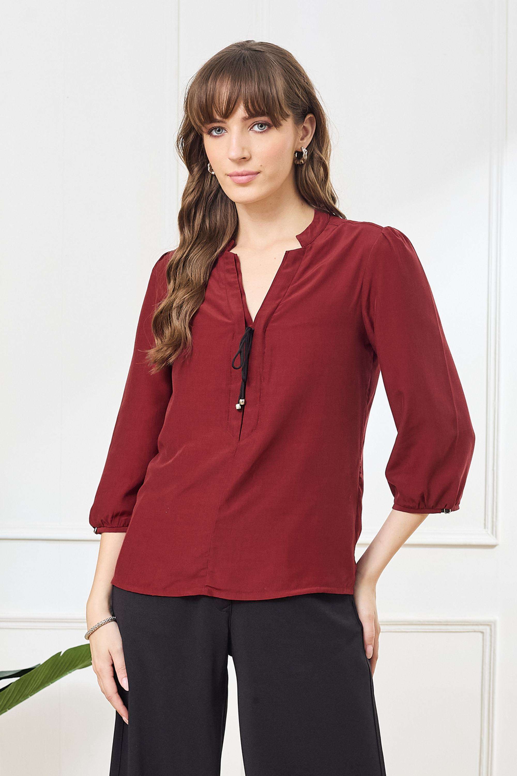 Solid-Polyester-V-Neck-Women-s-Top