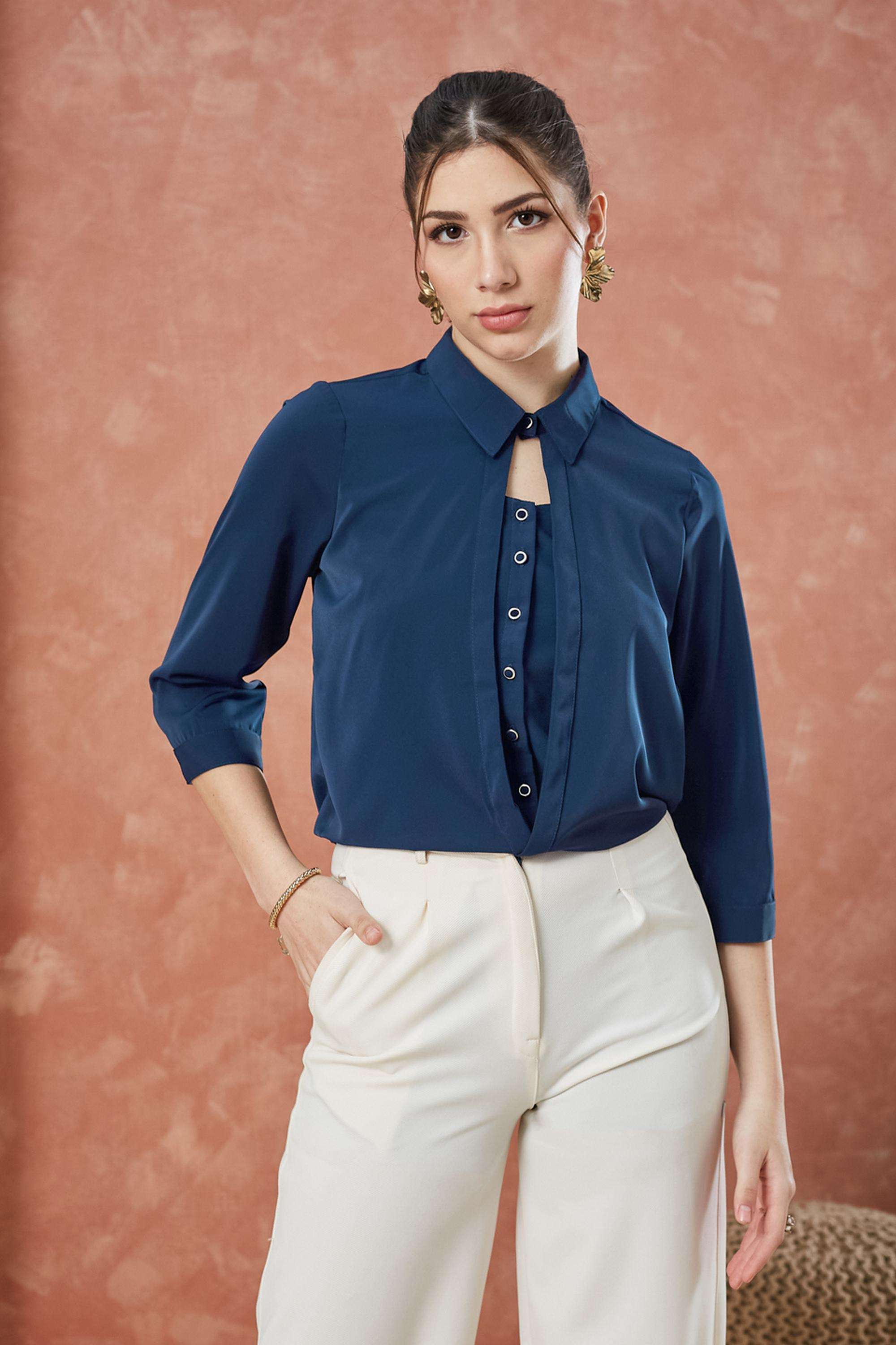 Solid-Polyester-Collared-Women-s-Top