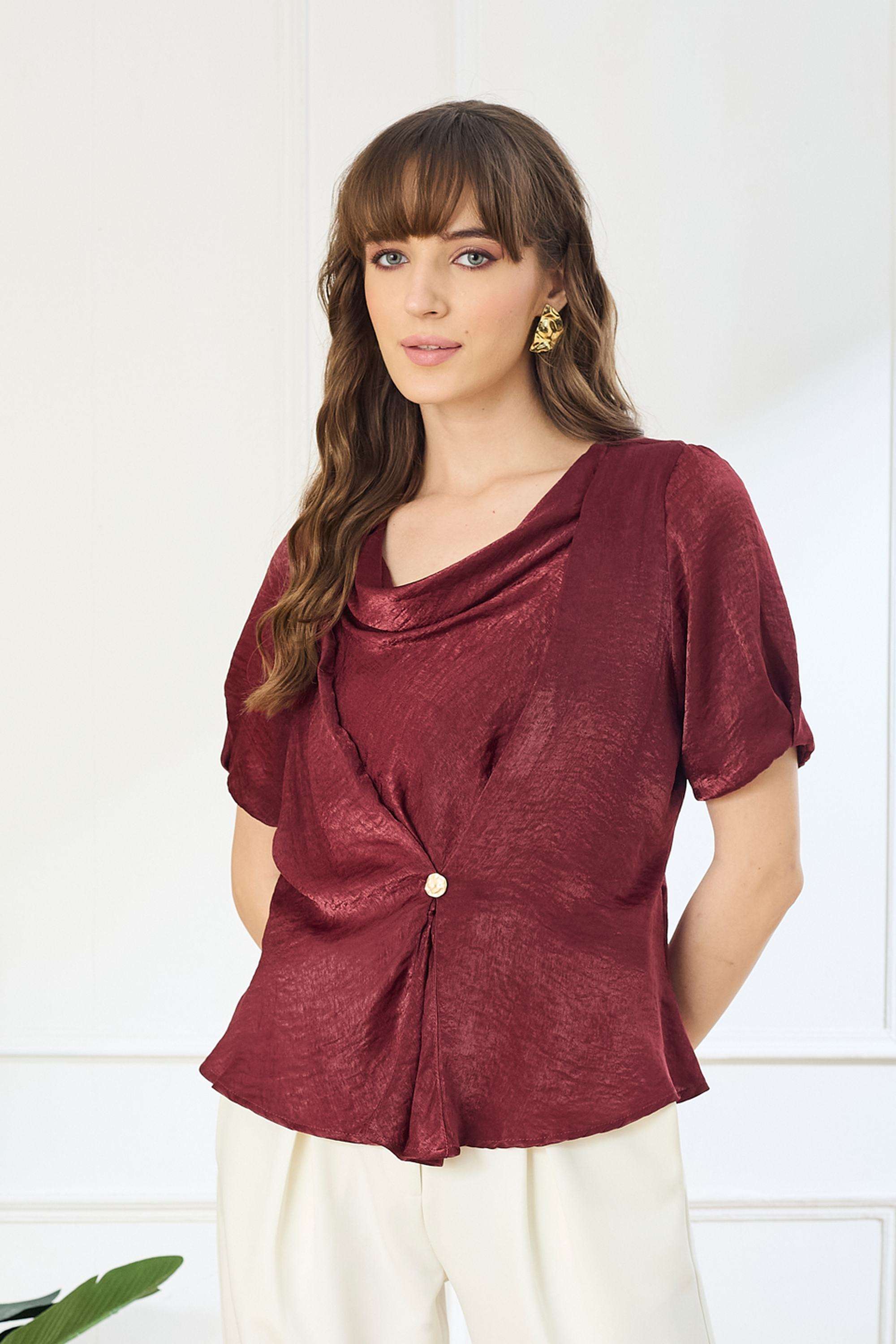Solid-Polyester-Cowl-Neck-Women-s-Top