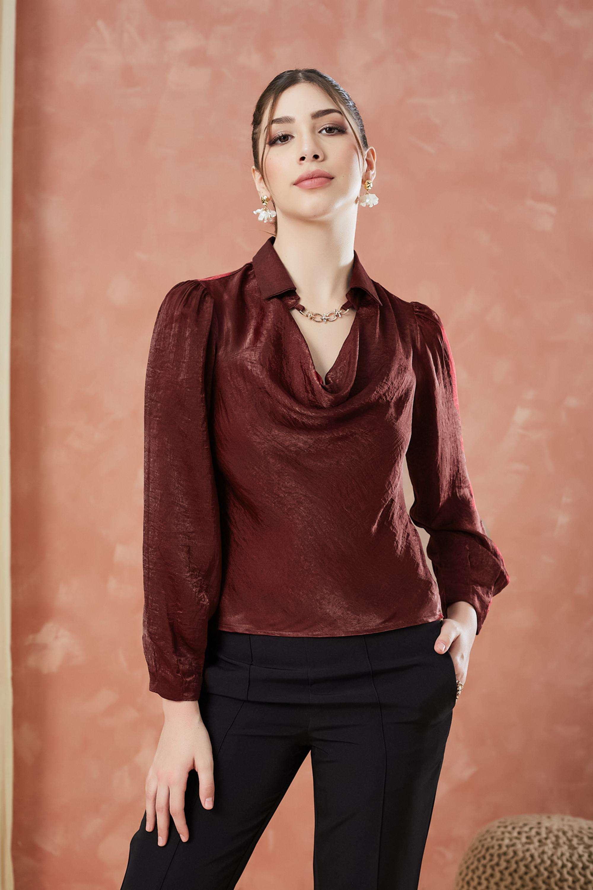 Solid-Polyester-Collared-Women-s-Top
