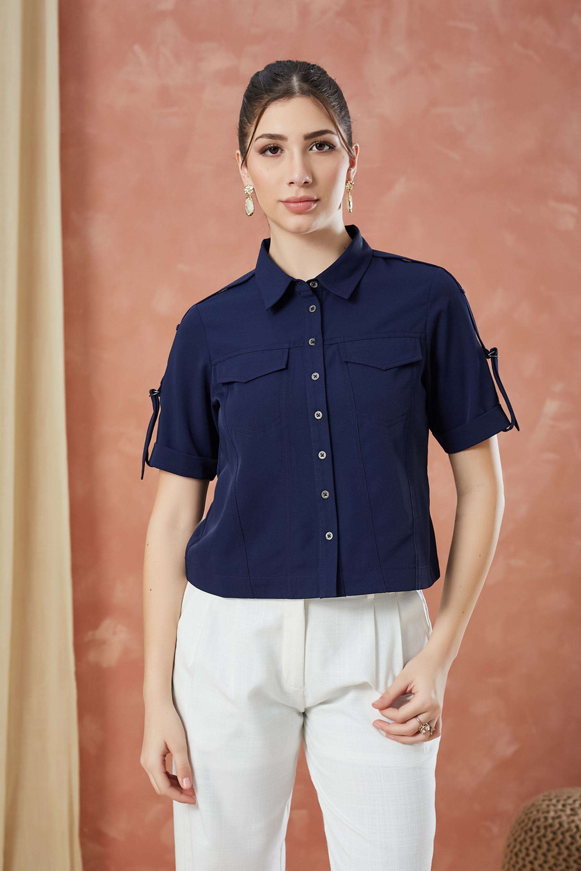 Solid-Polyester-Collared-Women-s-Shirt