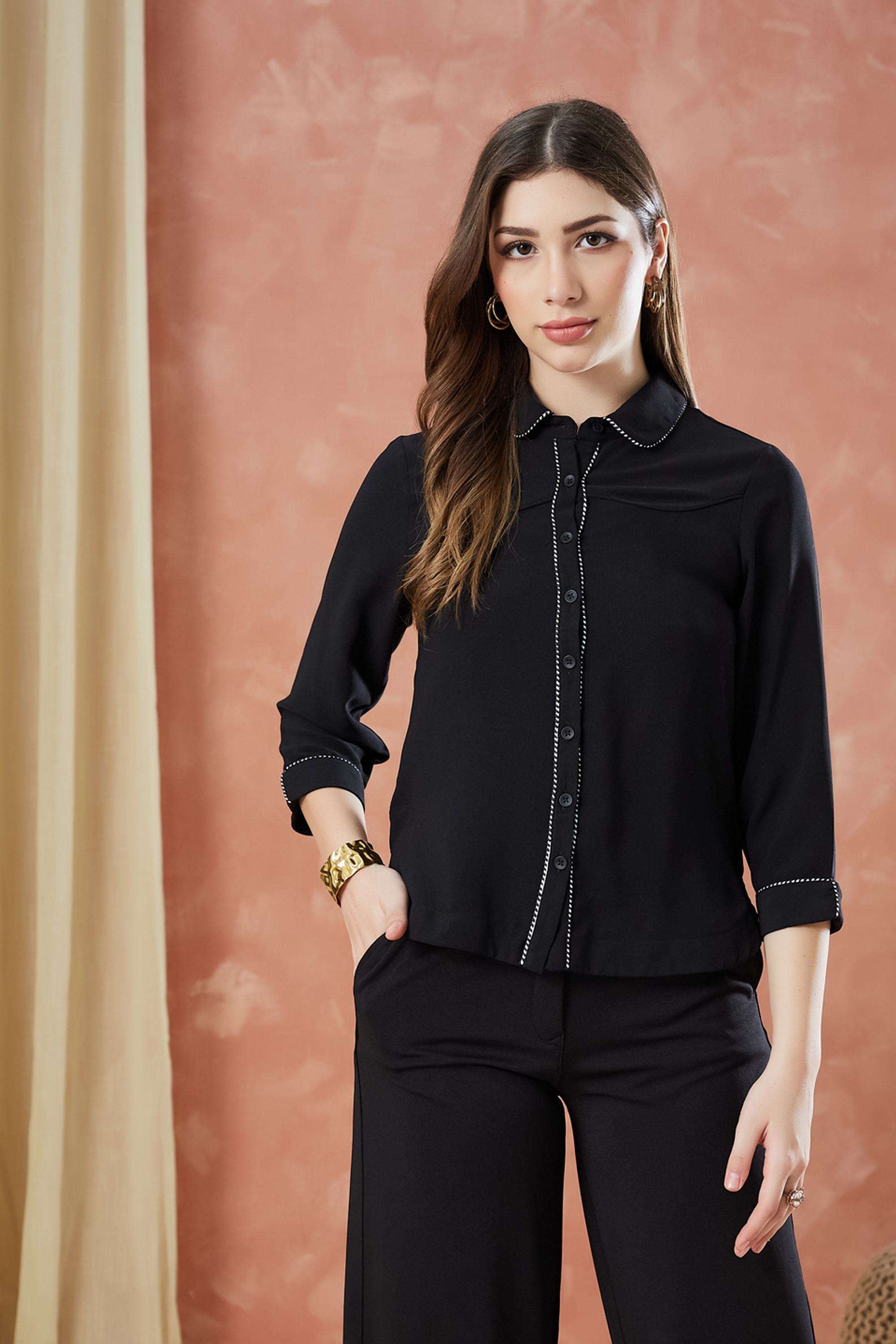 Solid-Polyester-Collared-Women-s-Shirt