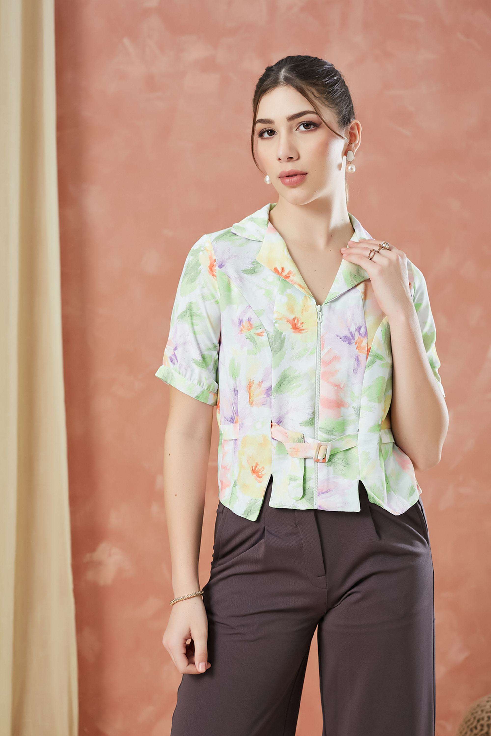 Printed-Polyester-Collared-Women-s-Top