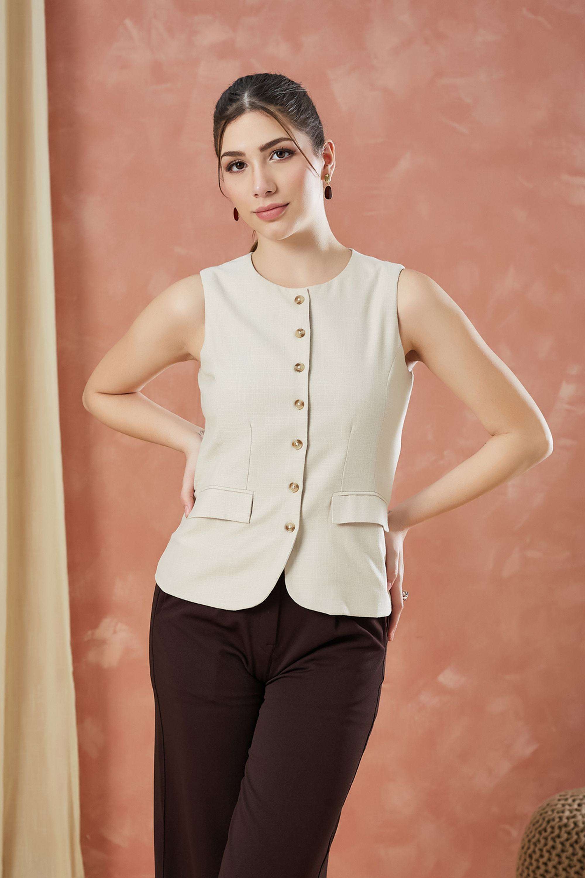 Solid-Linen-Blend-Round-Neck-Women-s-Top