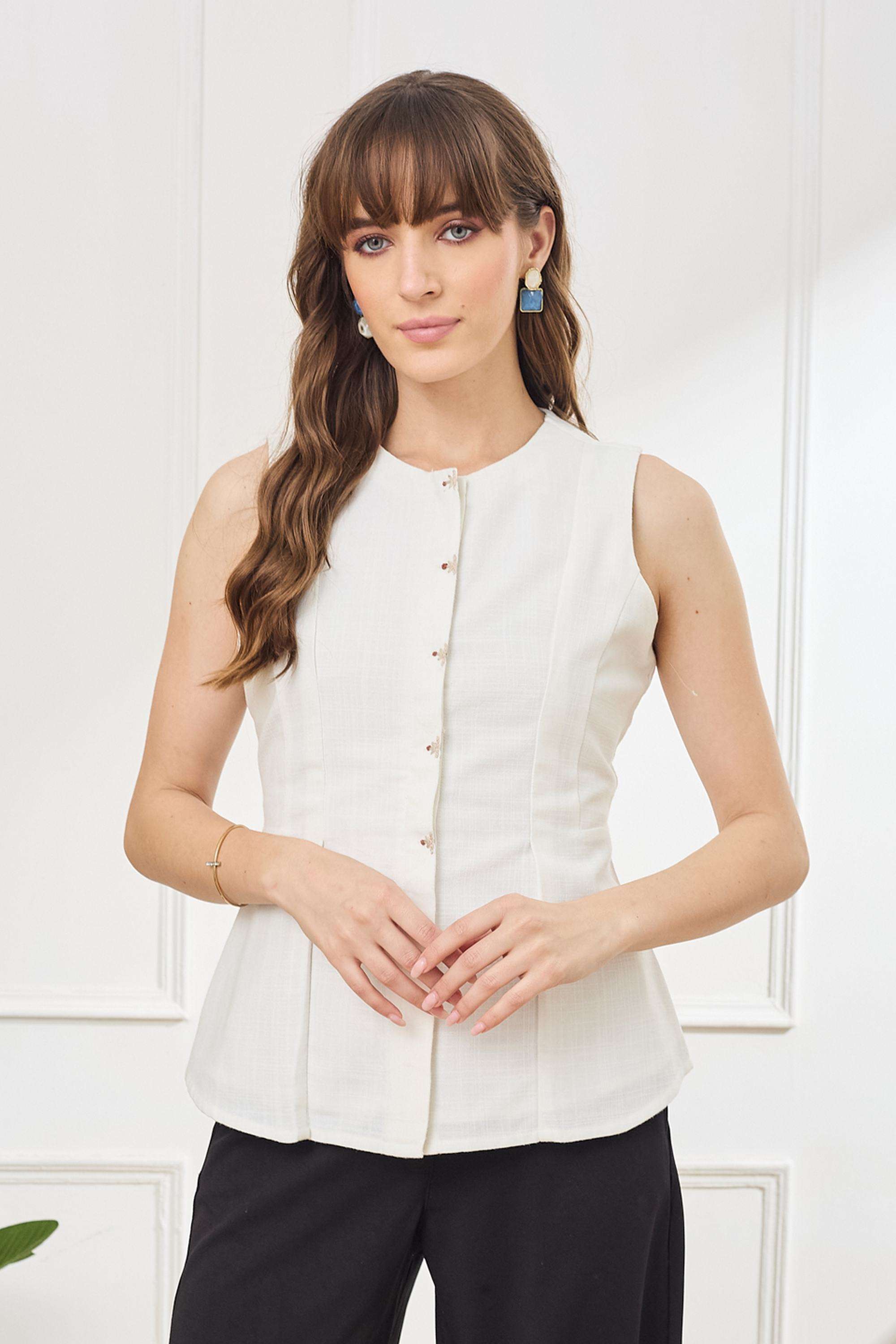 Solid-Linen-Round-Neck-Women-s-Top