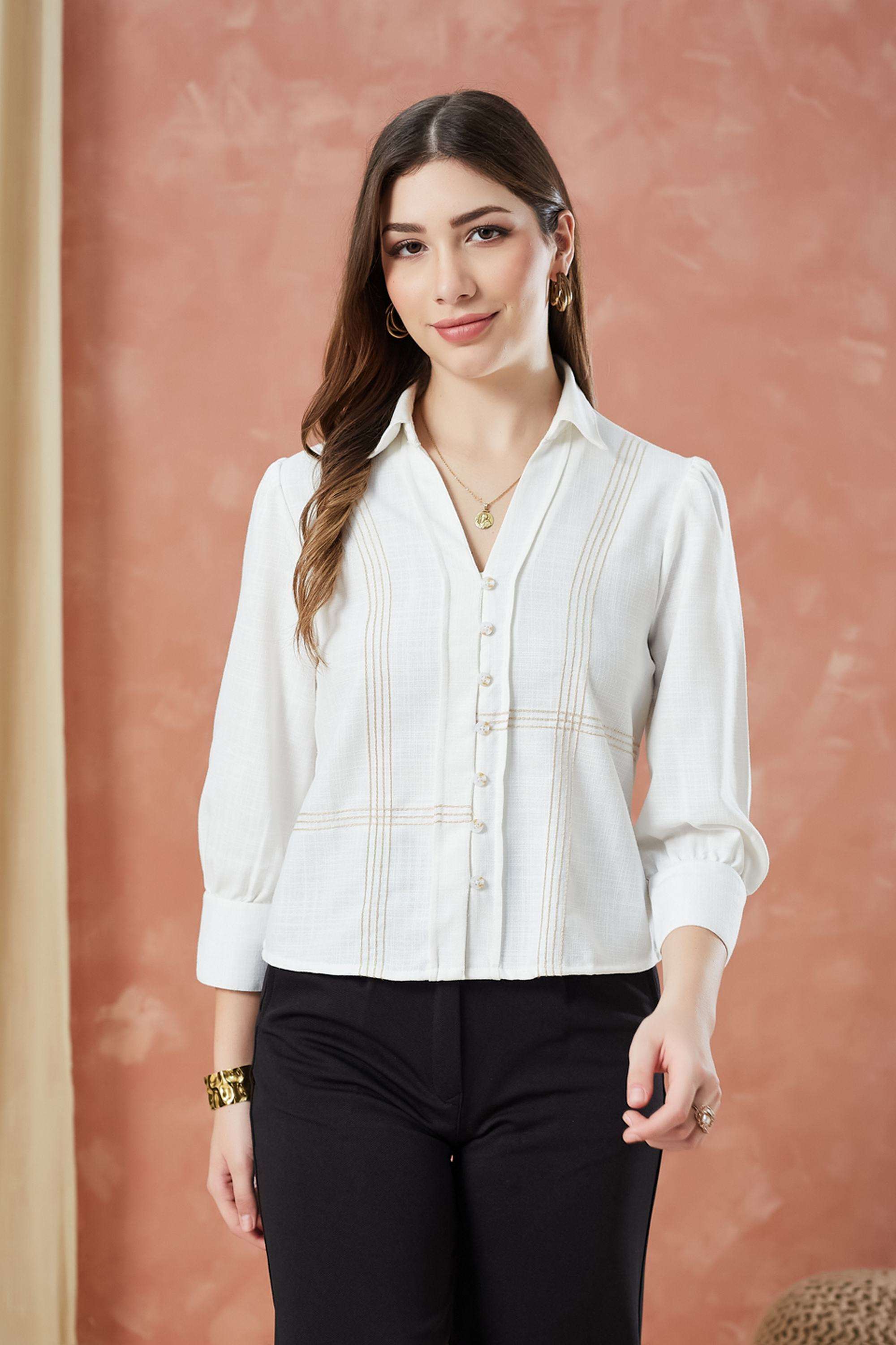 Solid-Linen-Blend-Collared-Women-s-Shirt