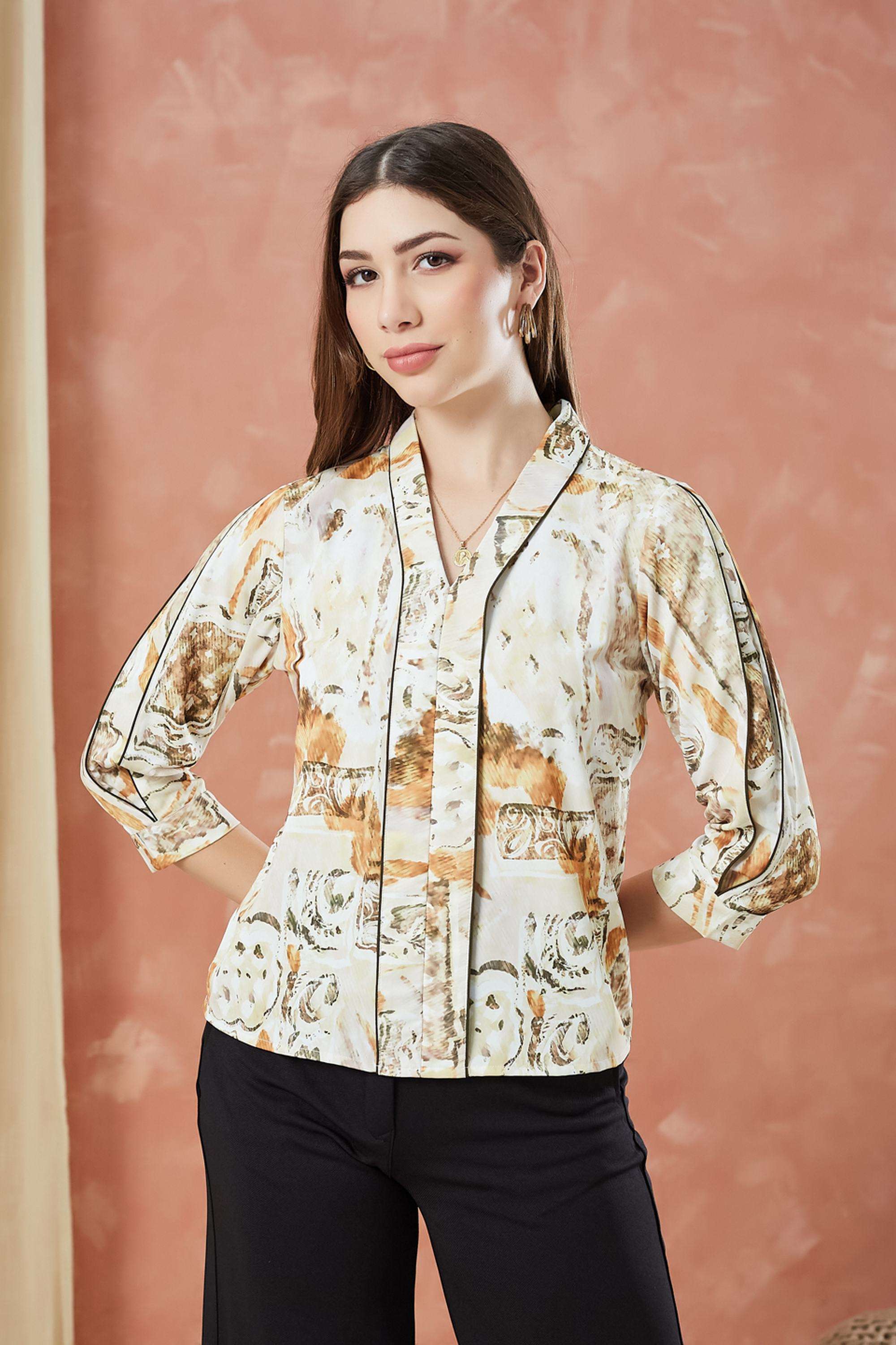 Printed-Polyester-V-Neck-Women-s-Top
