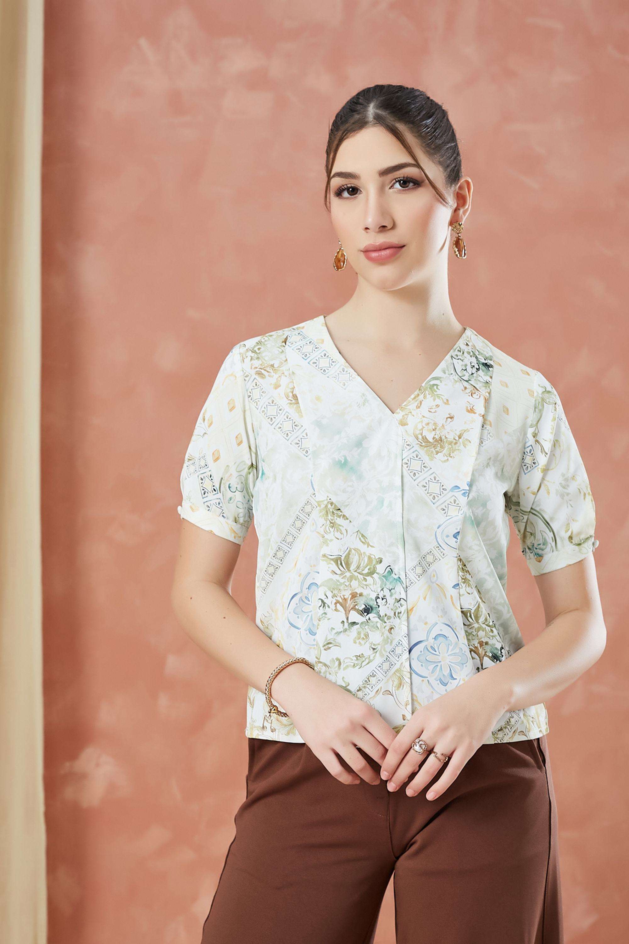 Printed-Polyester-V-Neck-Women-s-Top