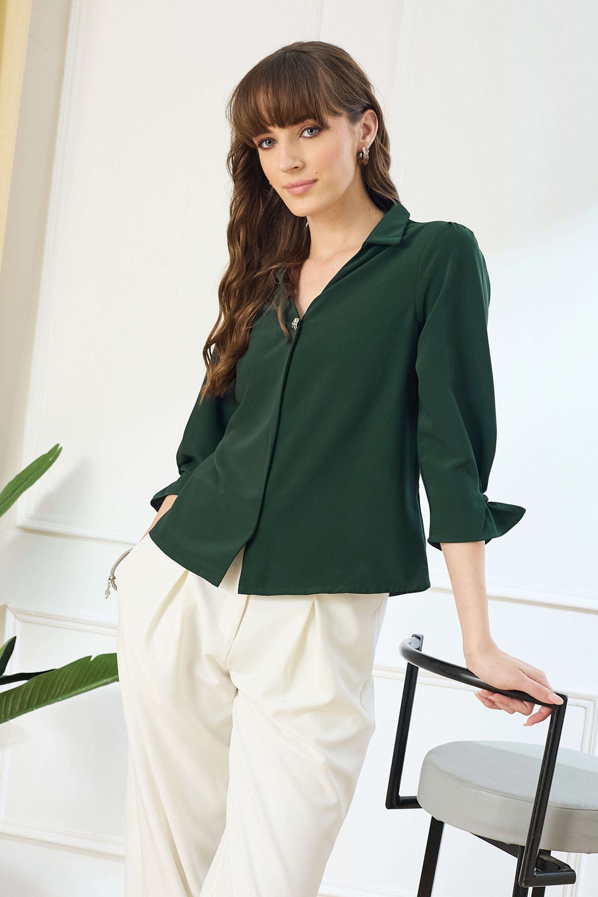 Solid-Polyester-Collared-Women-s-Top