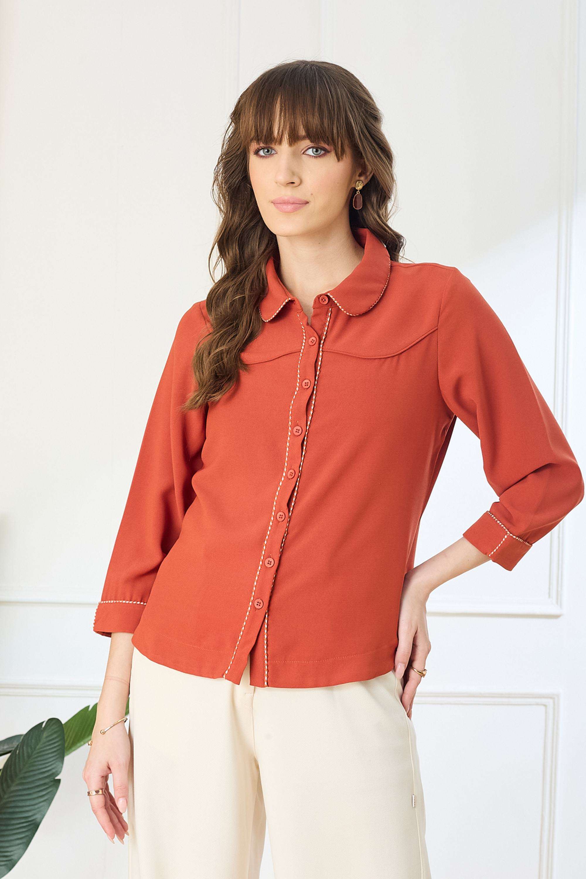 Solid-Polyester-Collared-Women-s-Shirt