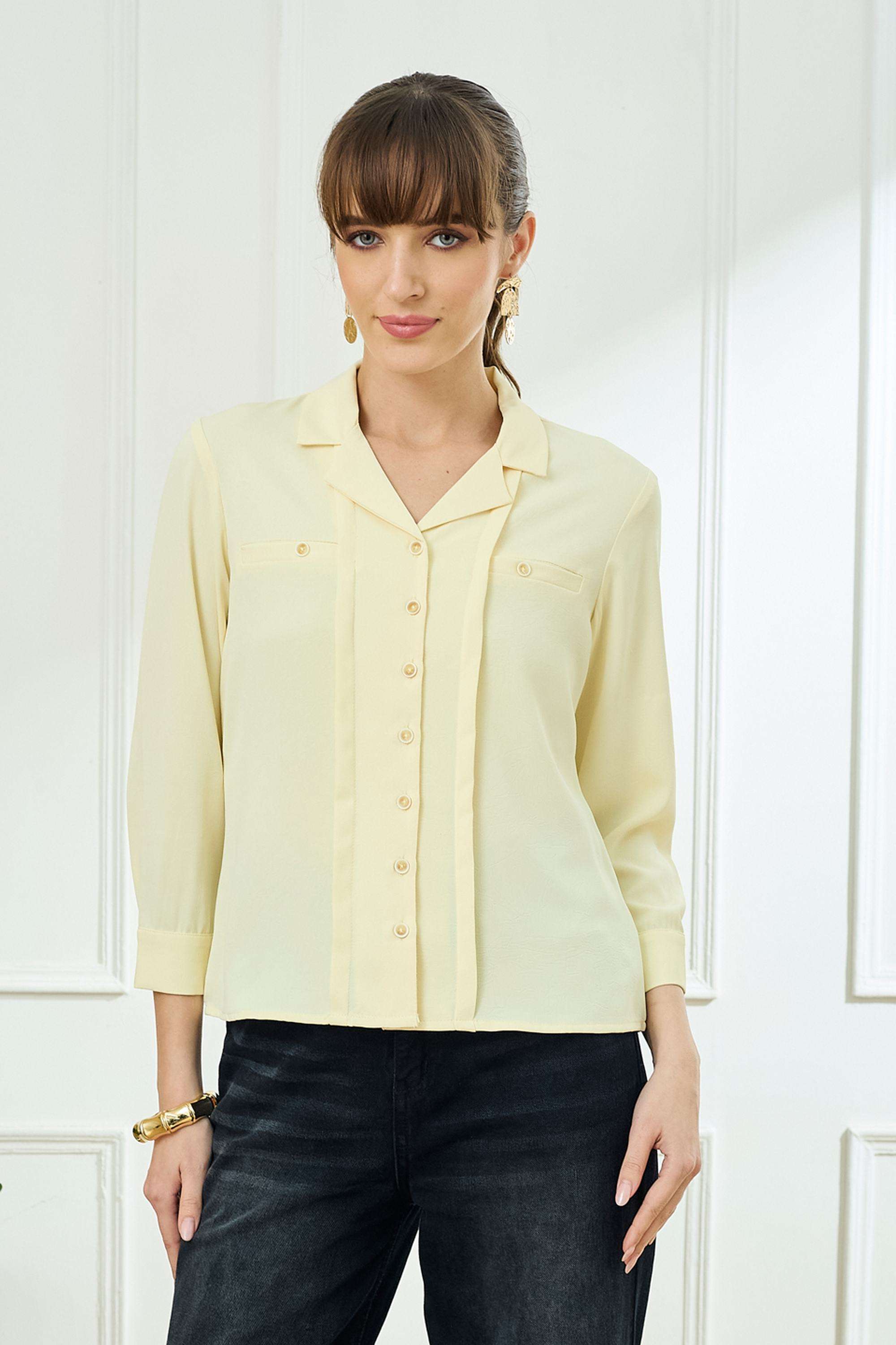 Solid-Polyester-Collared-Women-s-Shirt