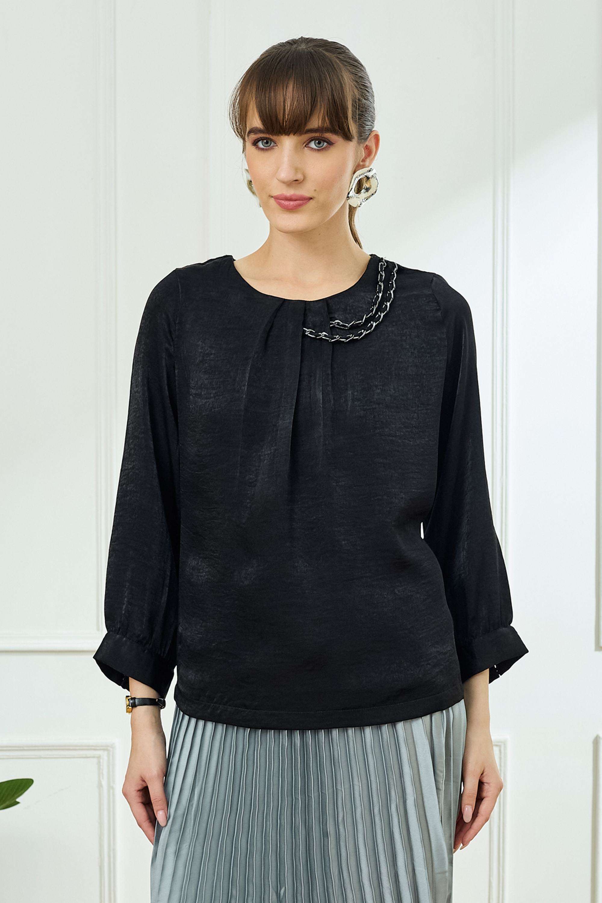 Solid-Polyester-Round-Neck-Women-s-Top