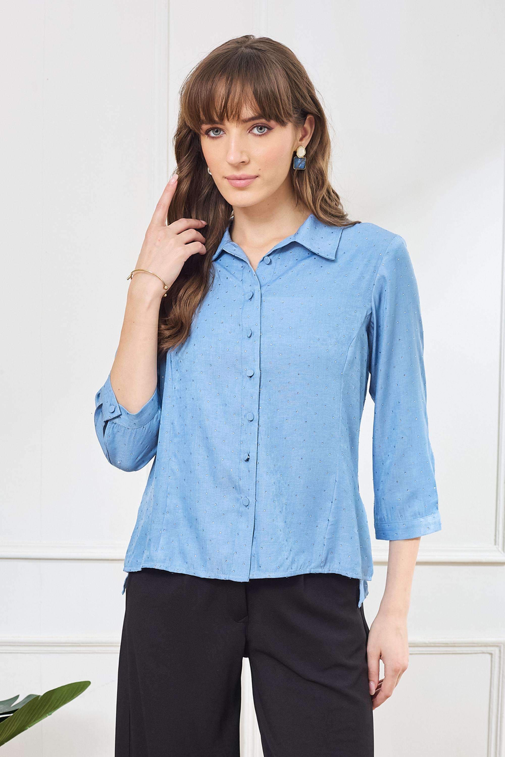 Solid-Polyester-Collared-Women-s-Shirt