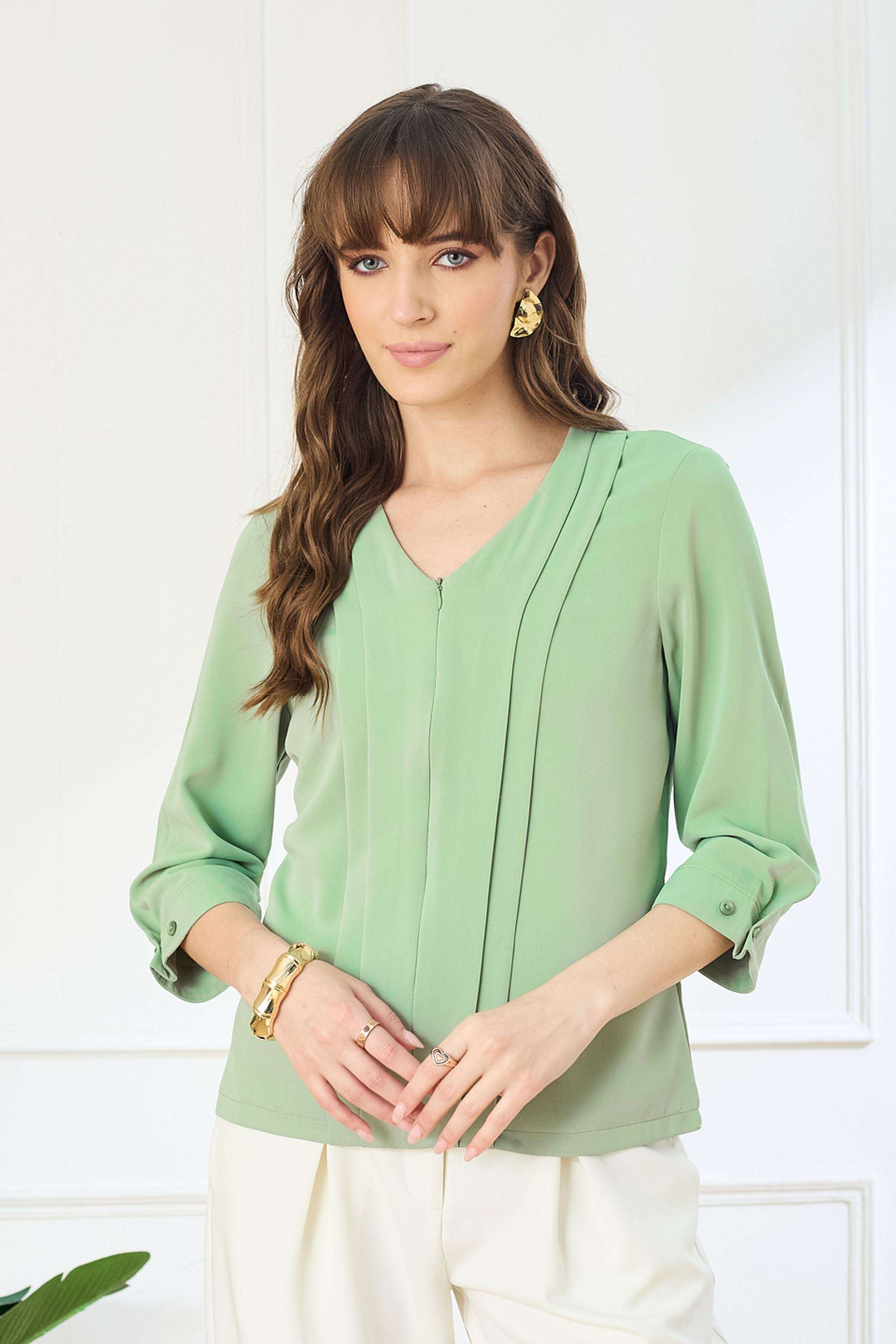 Solid-Polyester-V-Neck-Women-s-Top