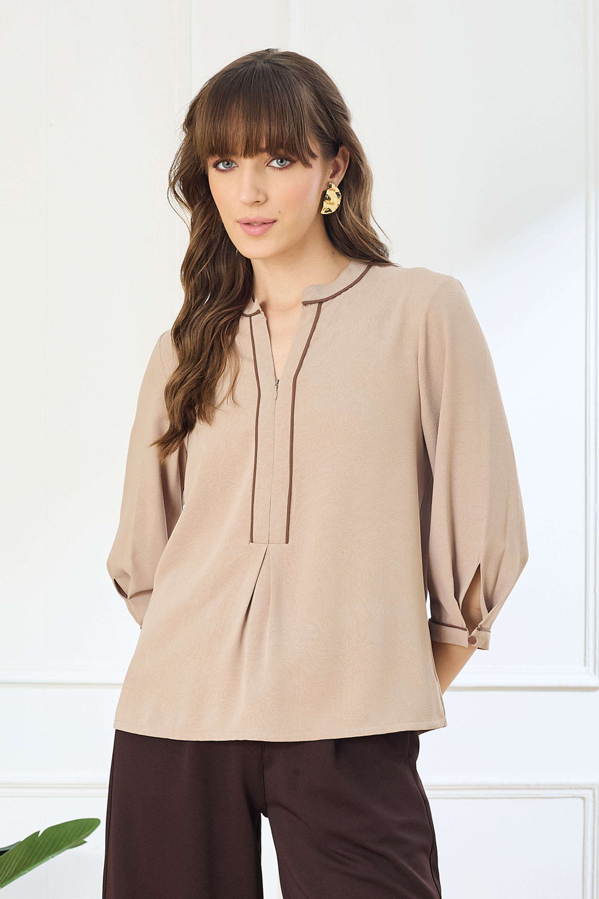 Solid-Polyester-Round-Neck-Women-s-Top