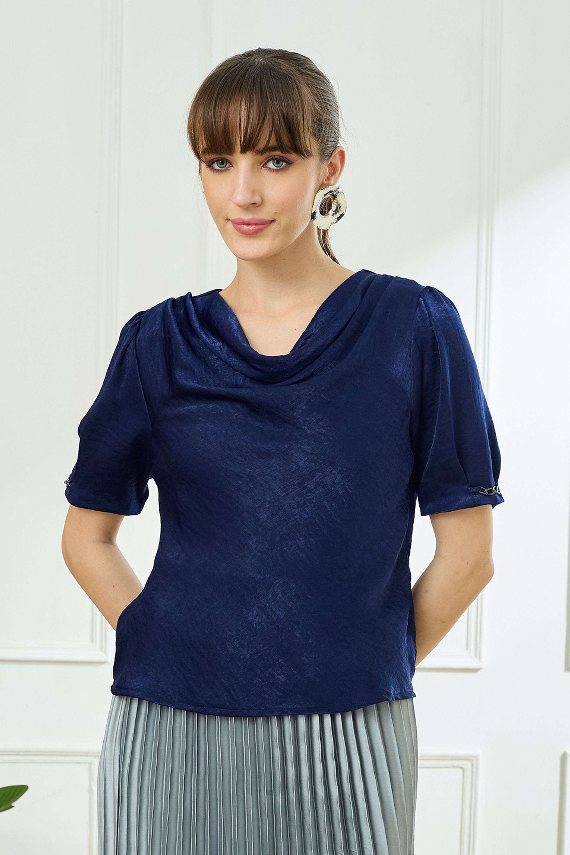 Solid-Polyester-Cowl-Neck-Women-s-Top