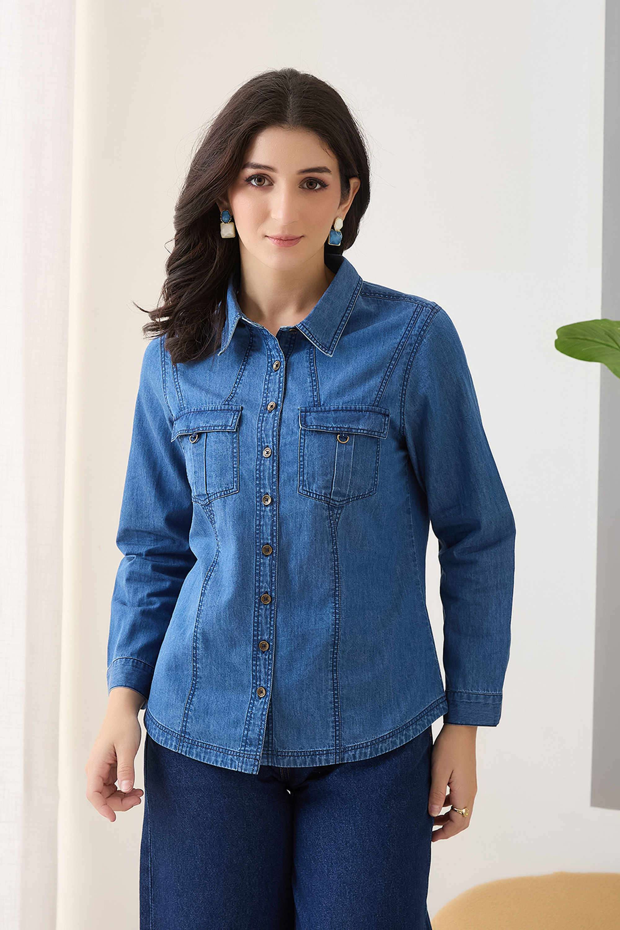 Solid-Collared-Cotton-Women-s-Casual-Shirt