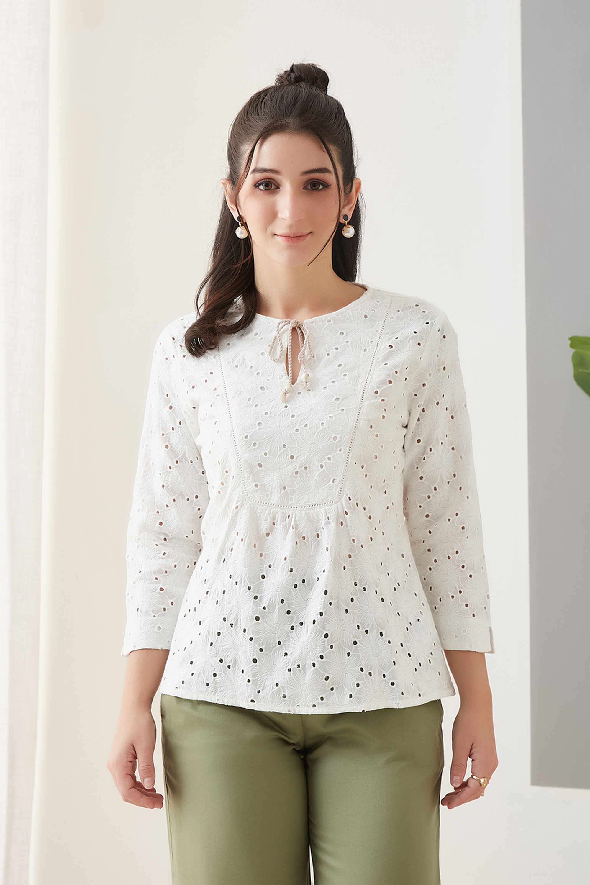 Embroidered-Cotton-Tie-Up-Neck-Women-s-Top
