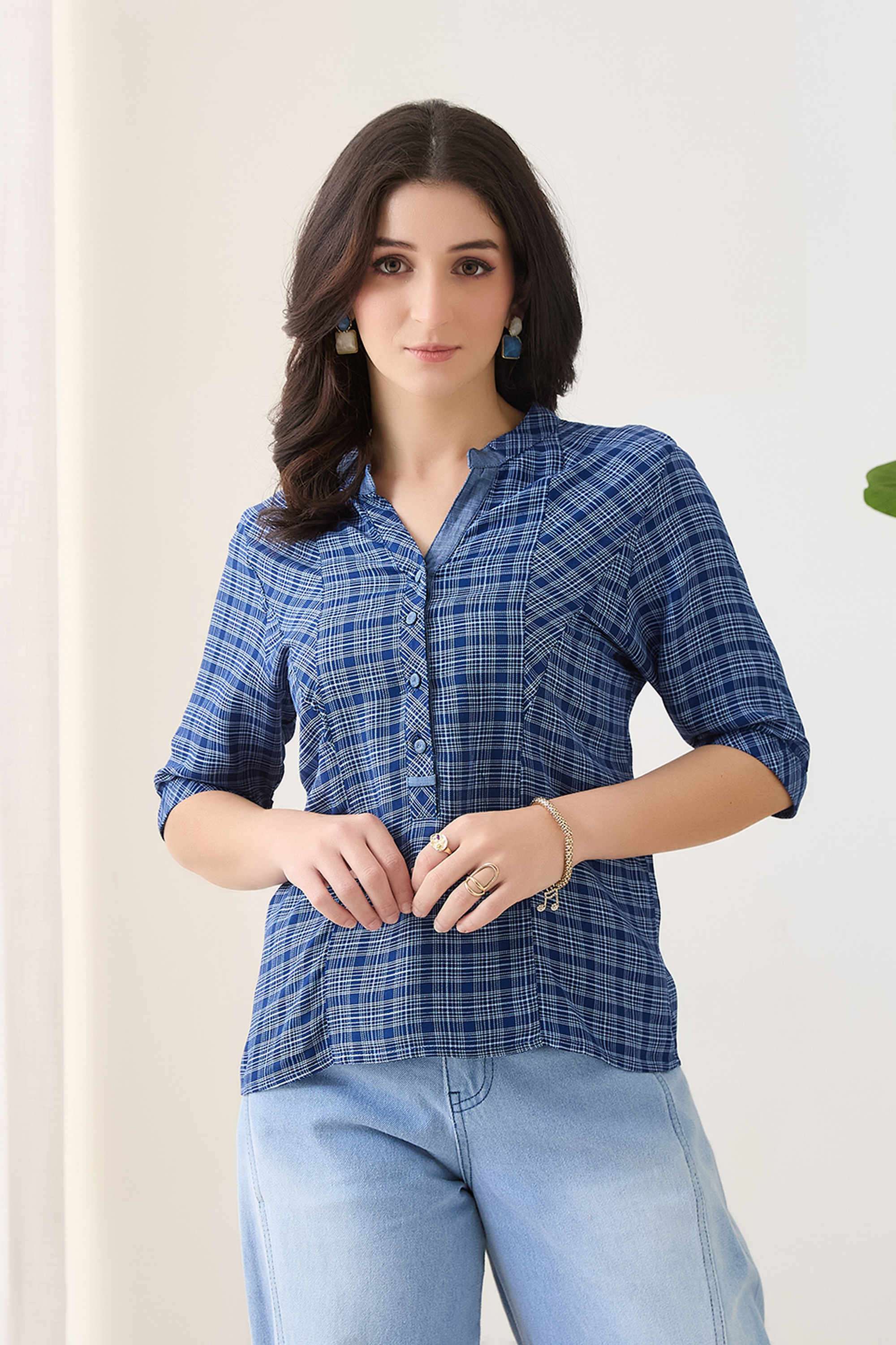 Checks-Viscose-Collared-Women-s-Top