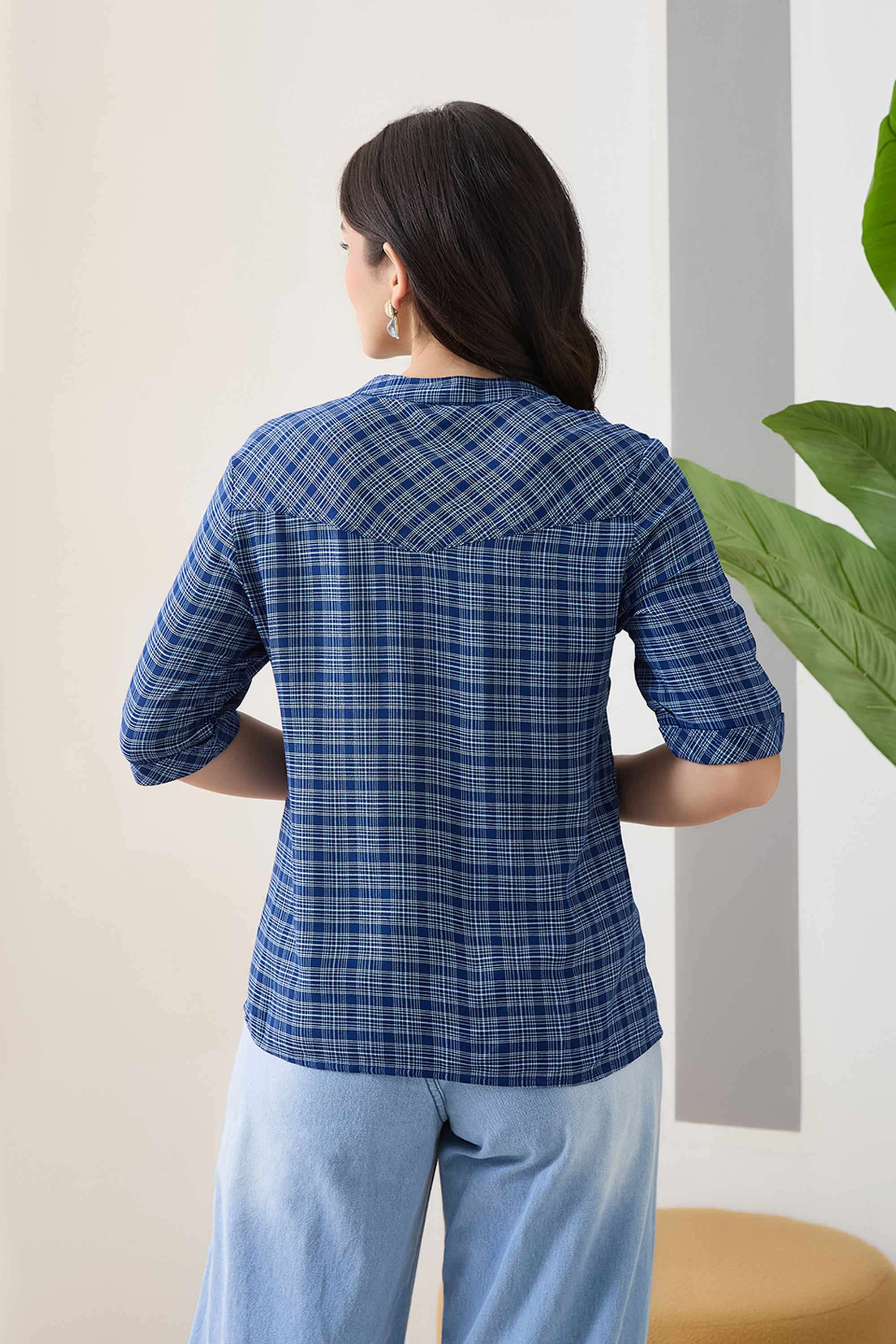 Checks-Viscose-Collared-Women-s-Top
