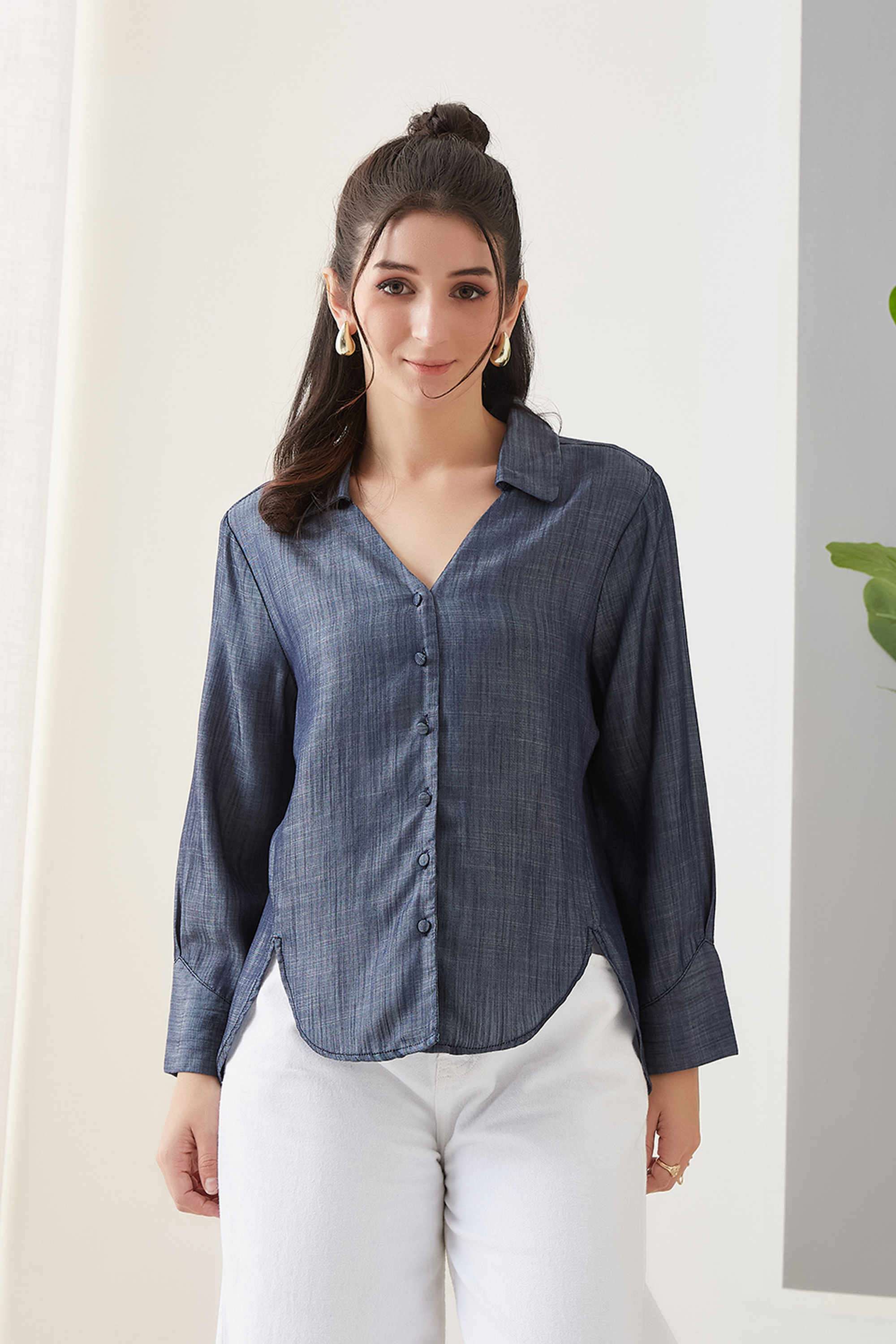 Solid-Collared-Blended-Fabric-Women-s-Casual-Shirt
