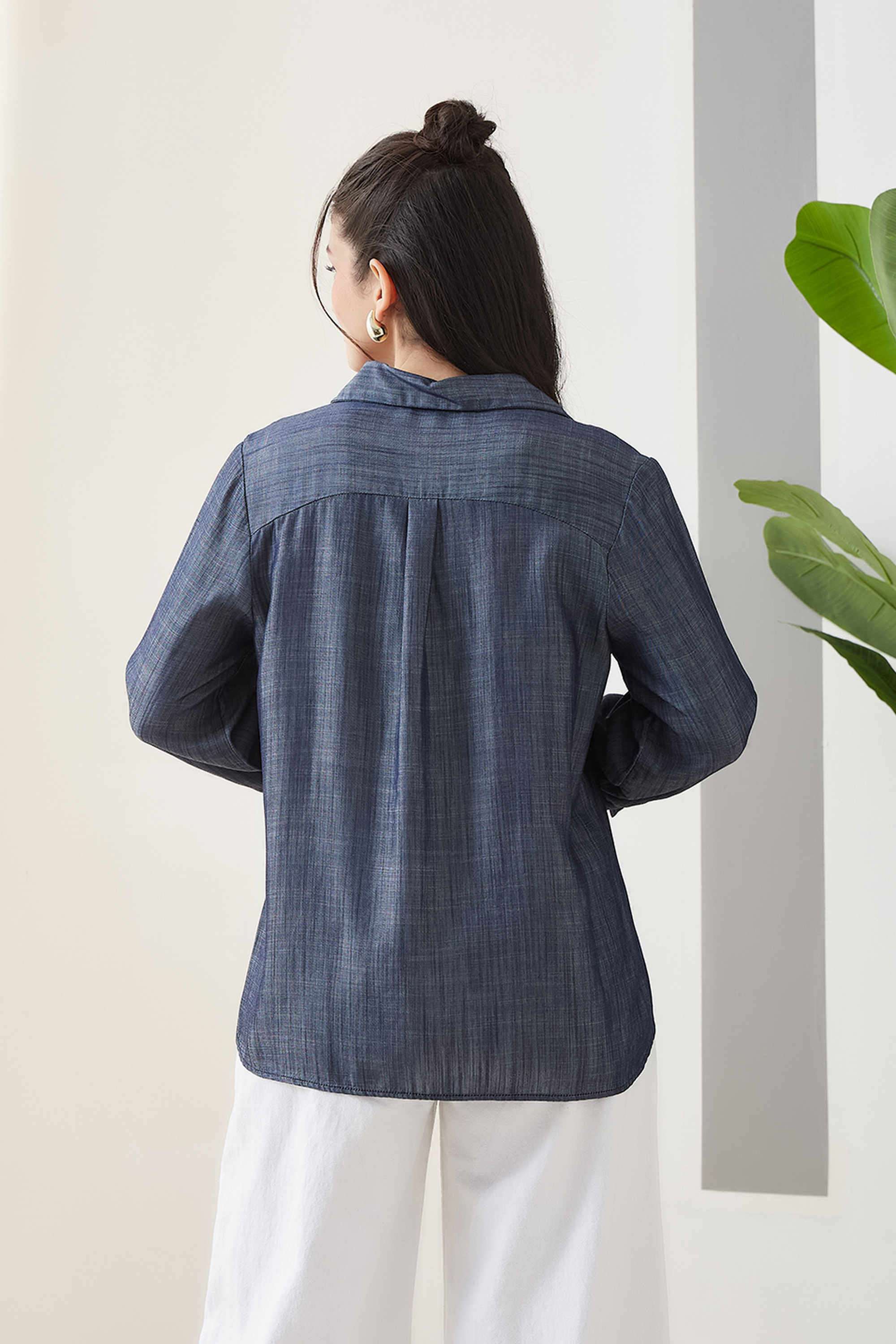 Solid-Collared-Blended-Fabric-Women-s-Casual-Shirt