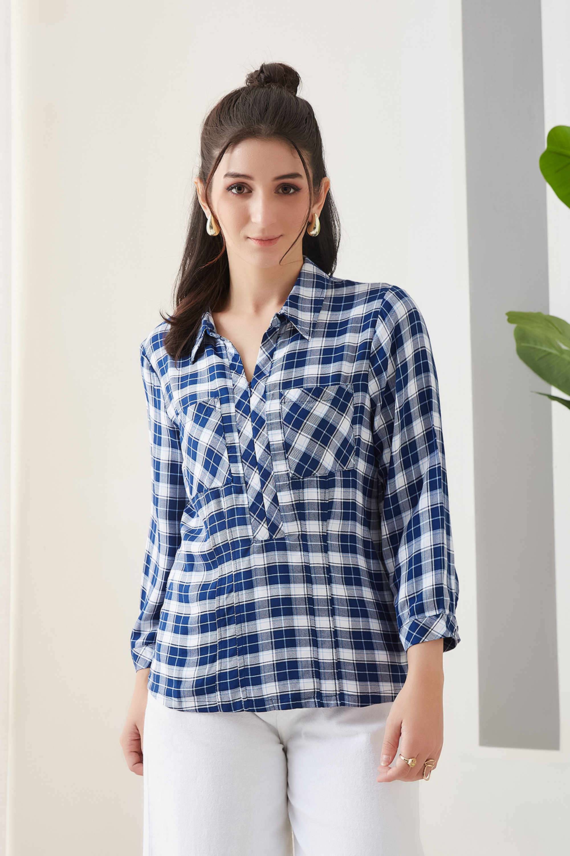 Checks-Viscose-Collared-Women-s-Top
