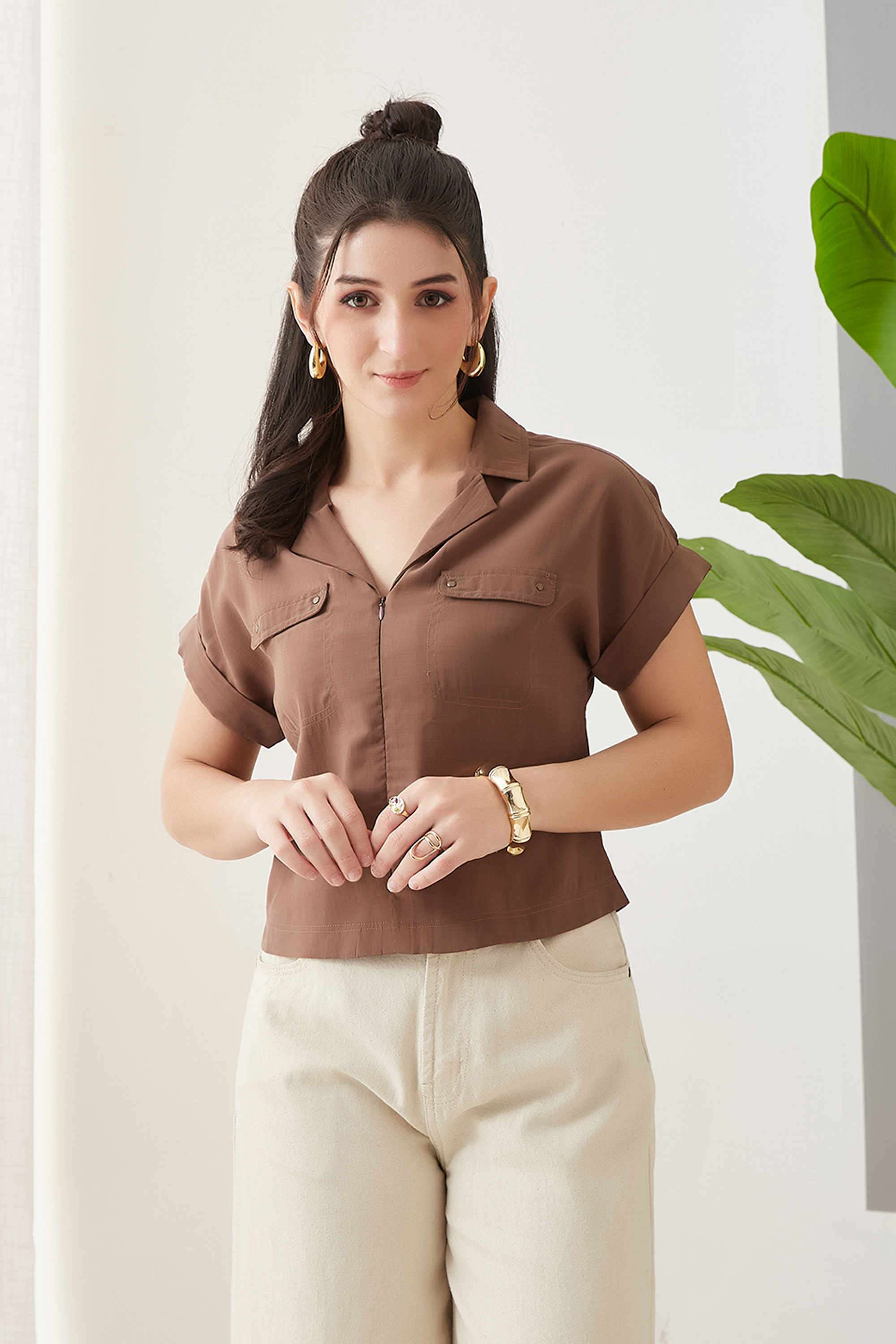 Solid-Viscose-Collared-Women-s-Top