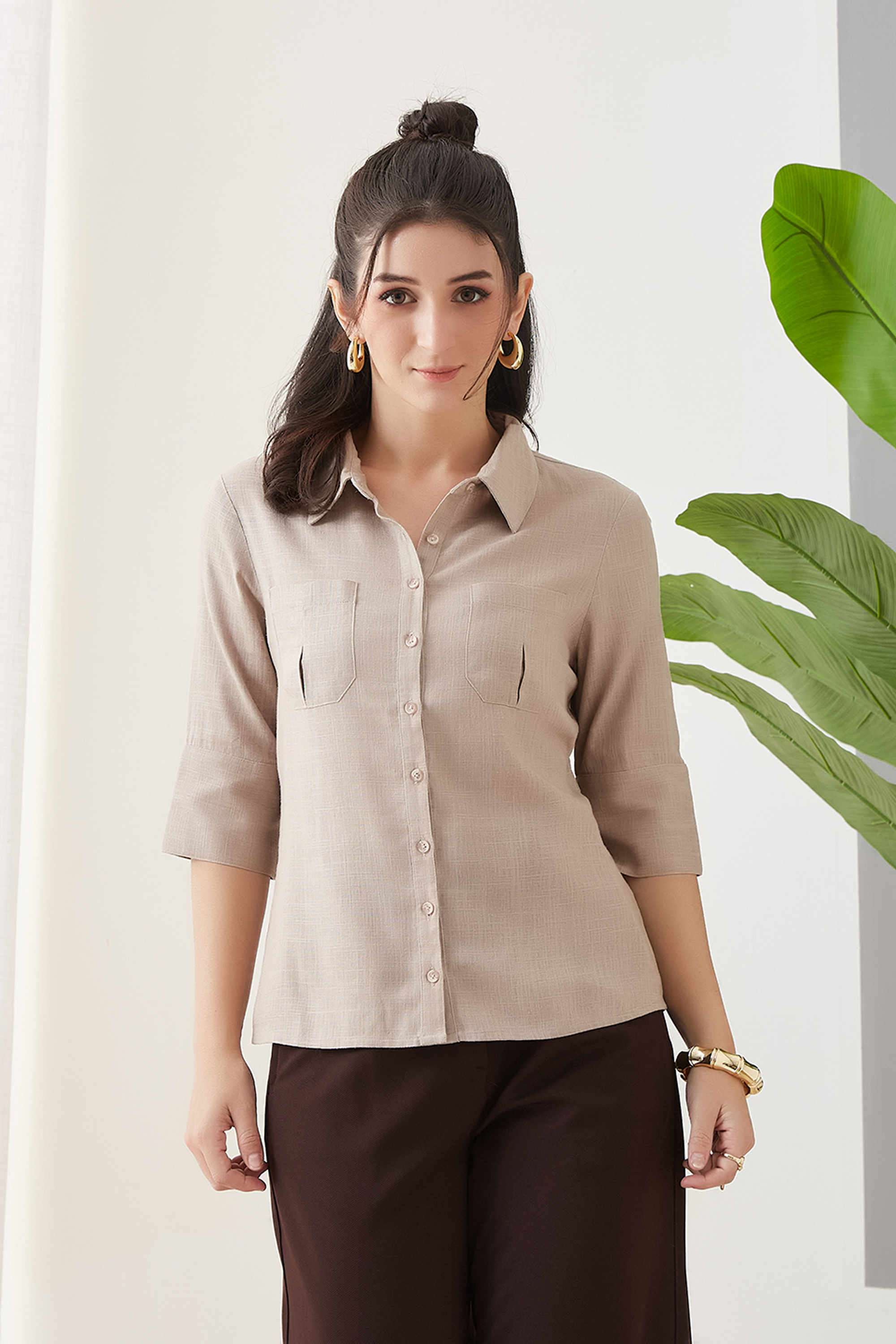 Solid-Collared-Linen-Women-s-Casual-Shirt