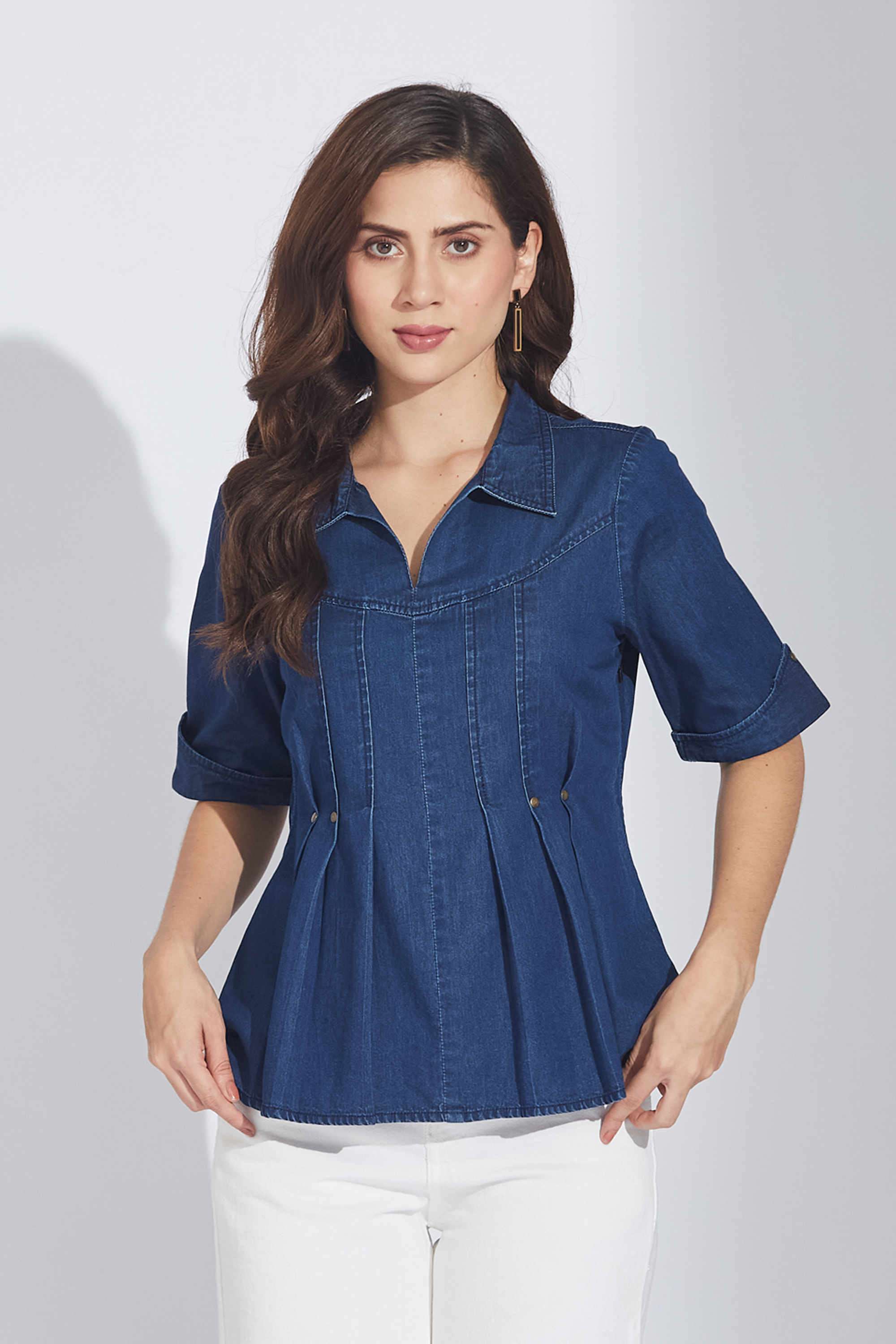 Solid-Cotton-Collared-Women-s-Top