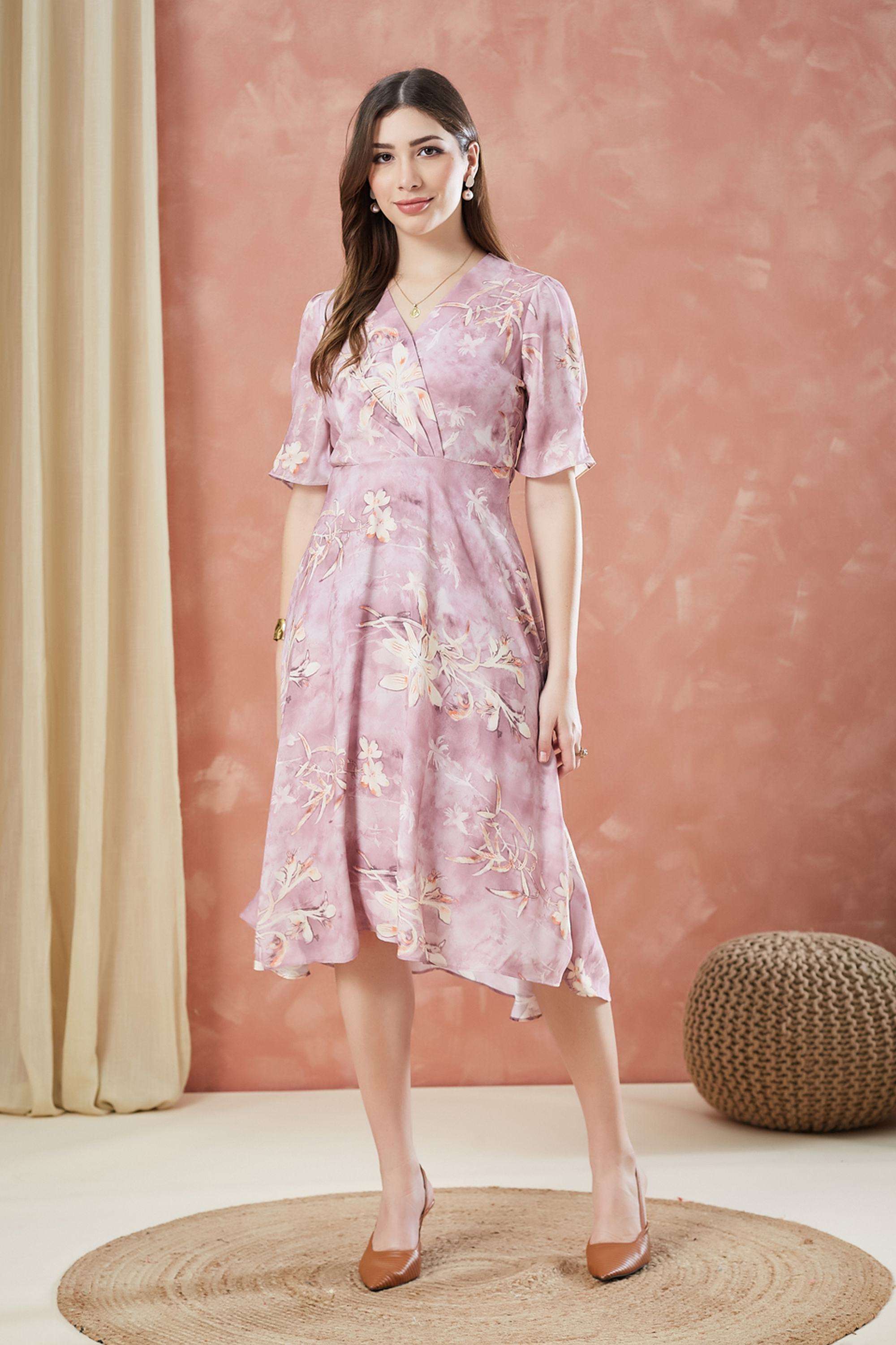 Printed-Polyester-V-Neck-Women-s-Dress