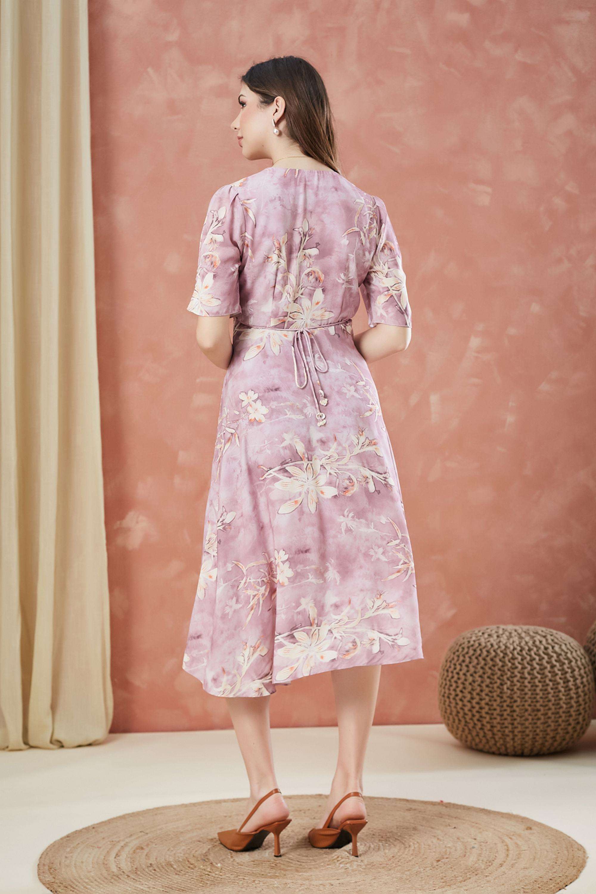 Printed-Polyester-V-Neck-Women-s-Dress