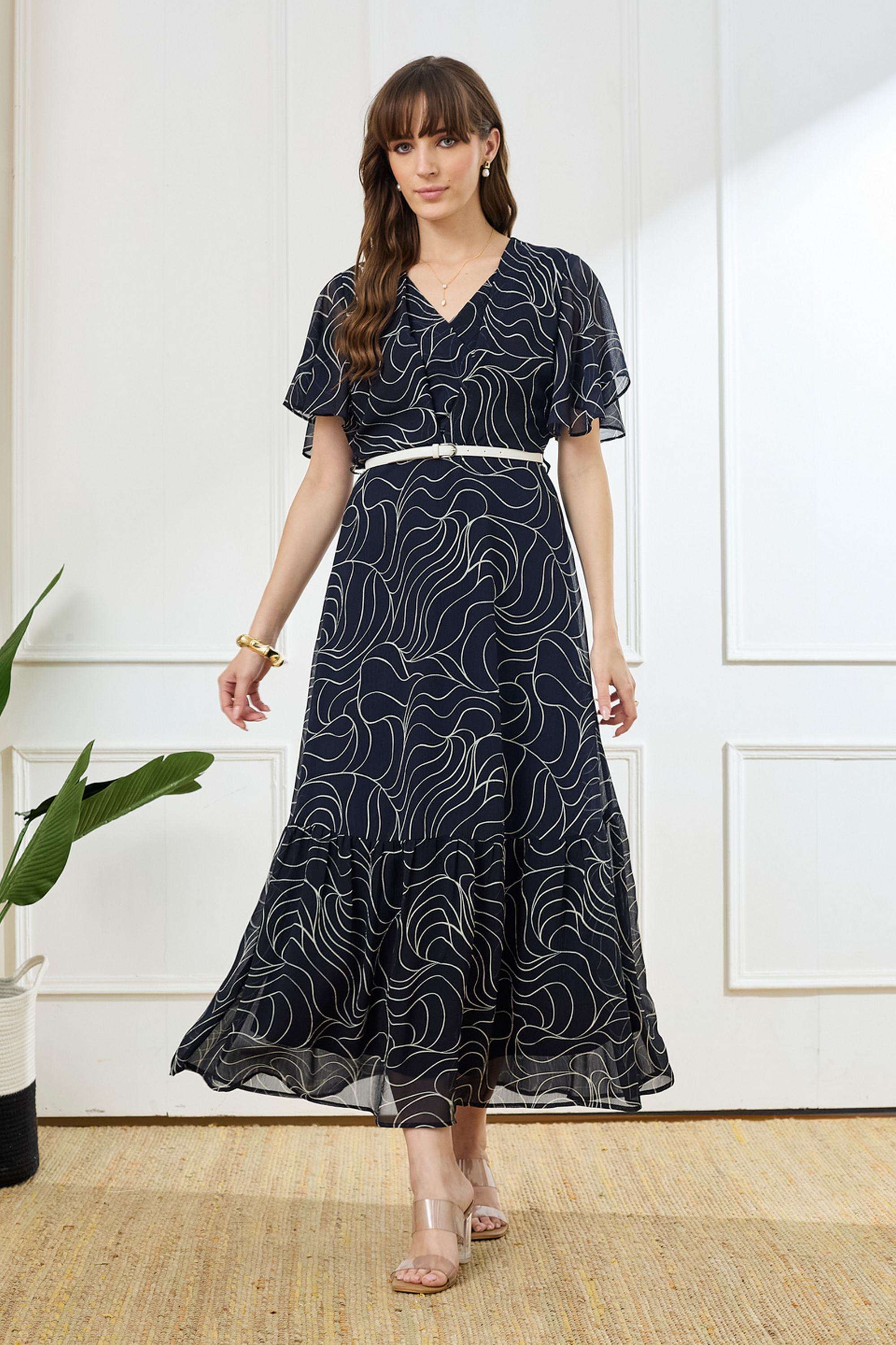 Printed-V-Neck-Polyester-Women-Dress