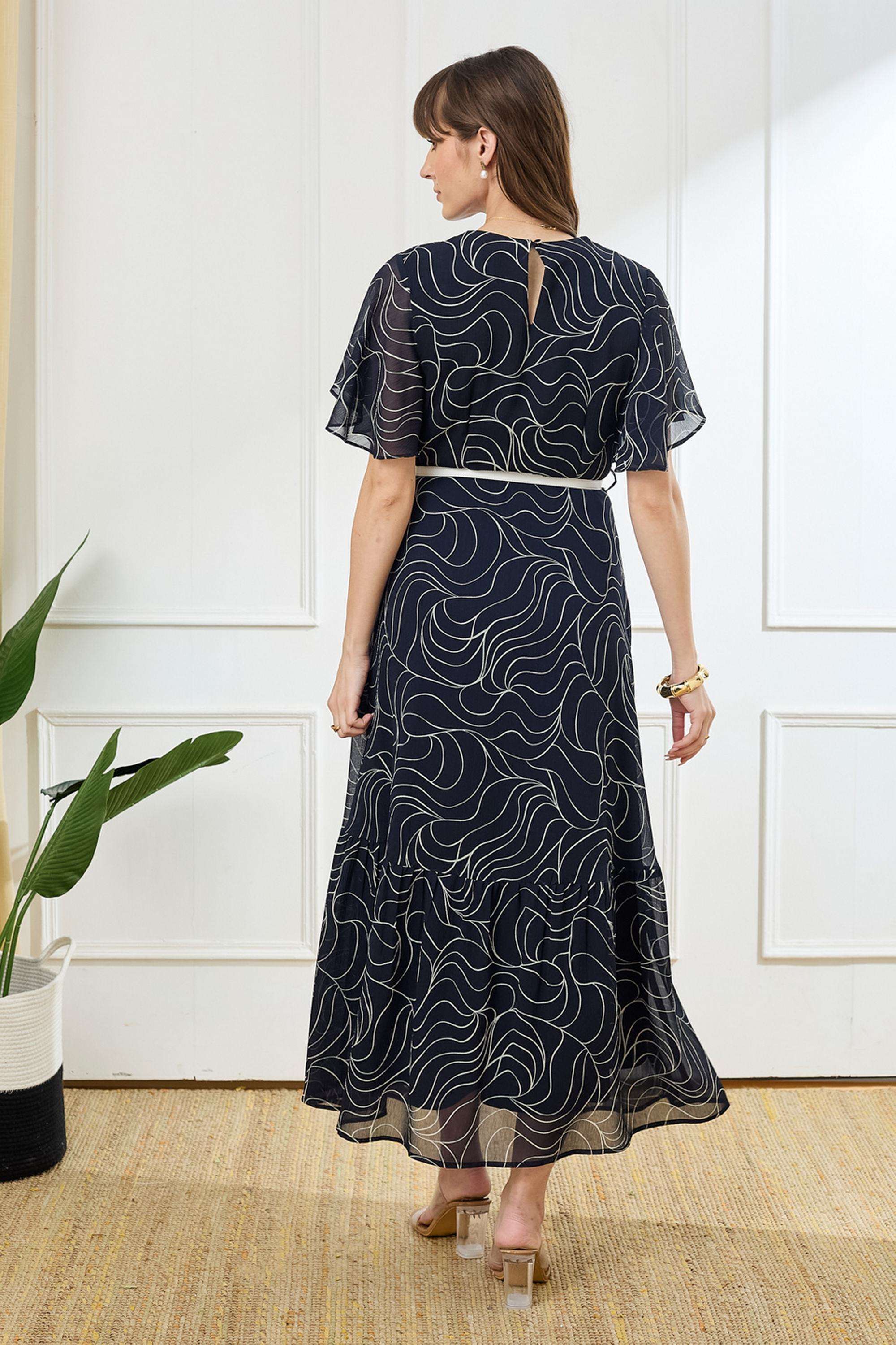 Printed-V-Neck-Polyester-Women-Dress