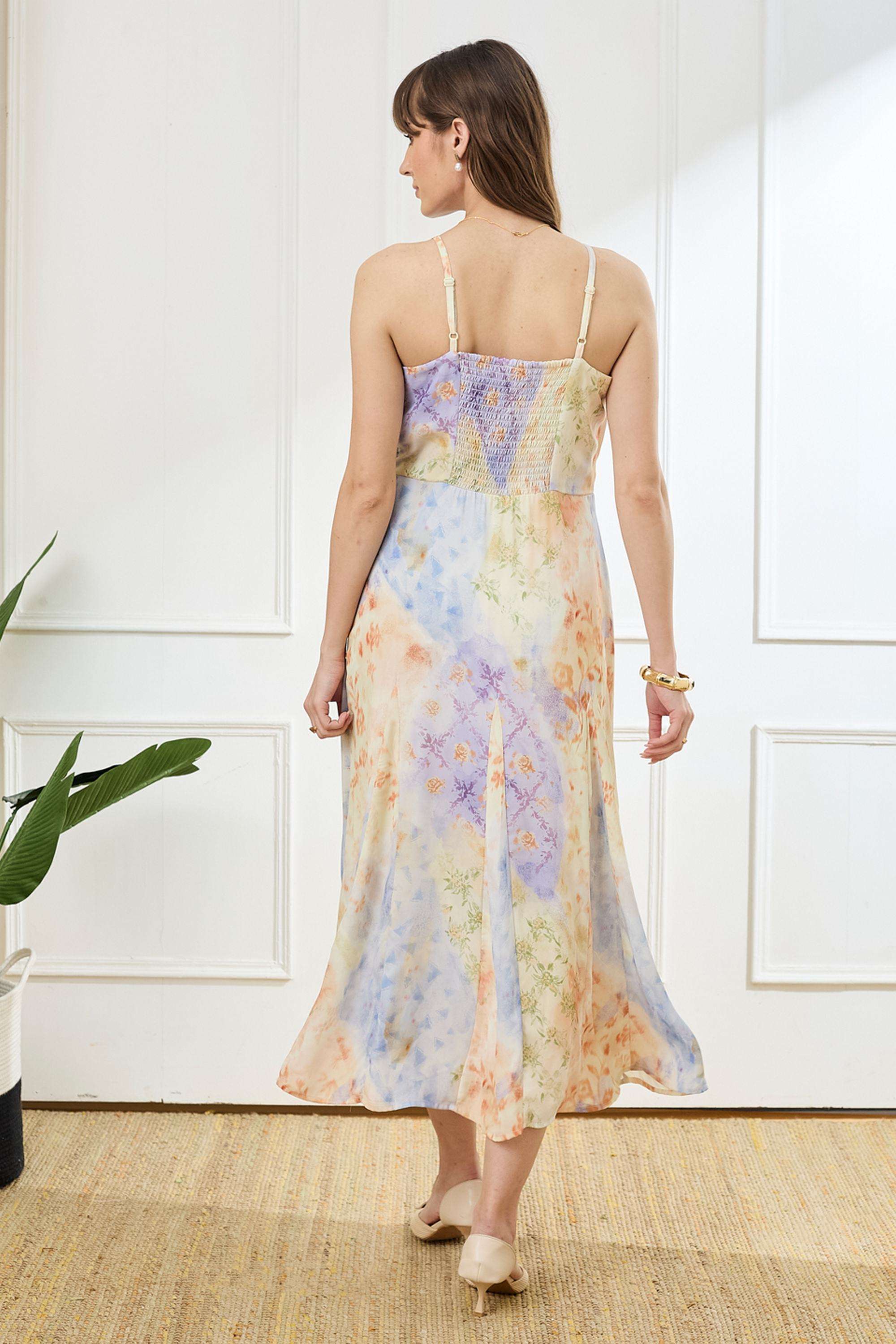 Printed-V-Neck-Polyester-Women-Dress