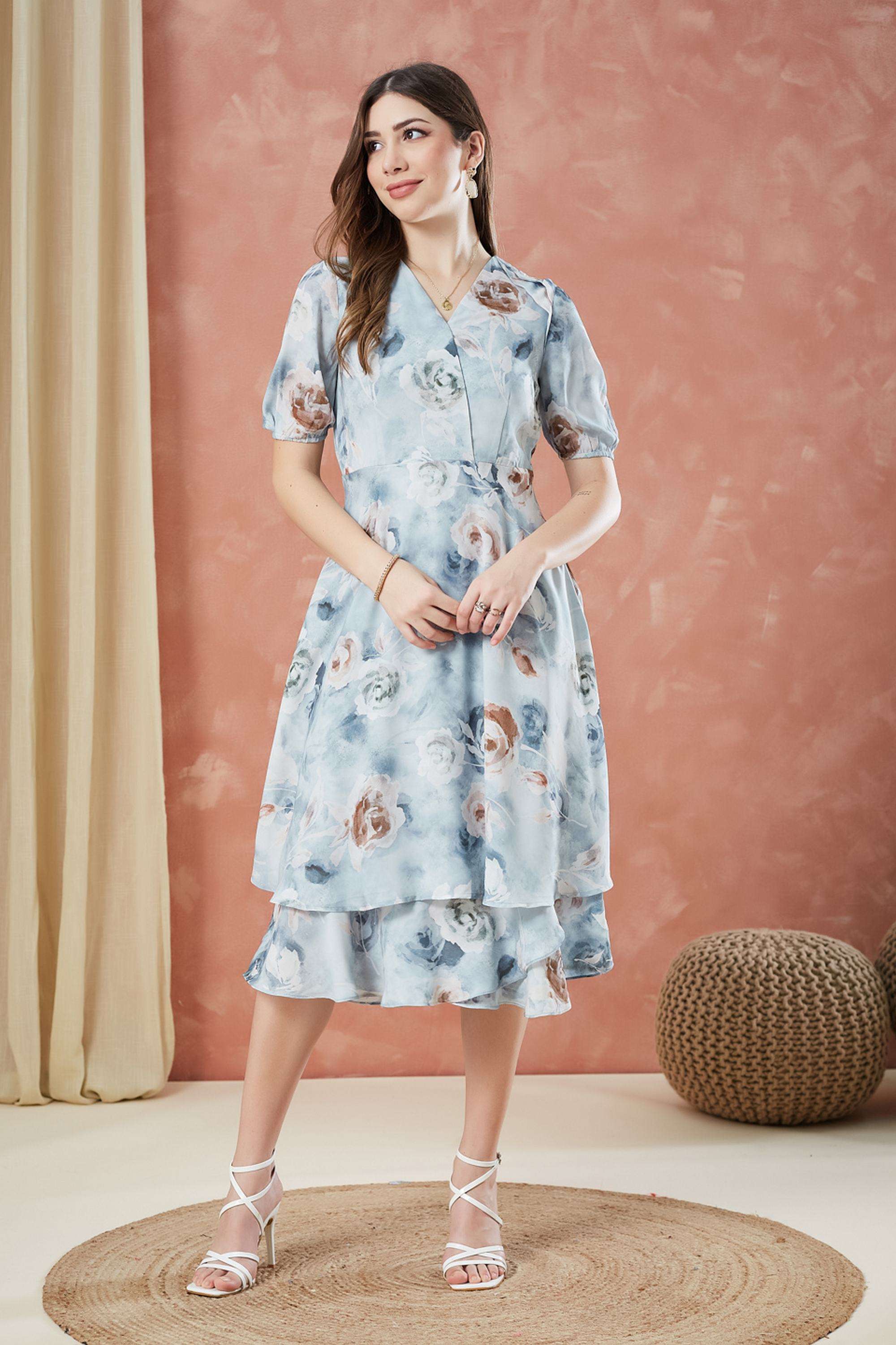 Printed-V-Neck-Polyester-Women-Dress